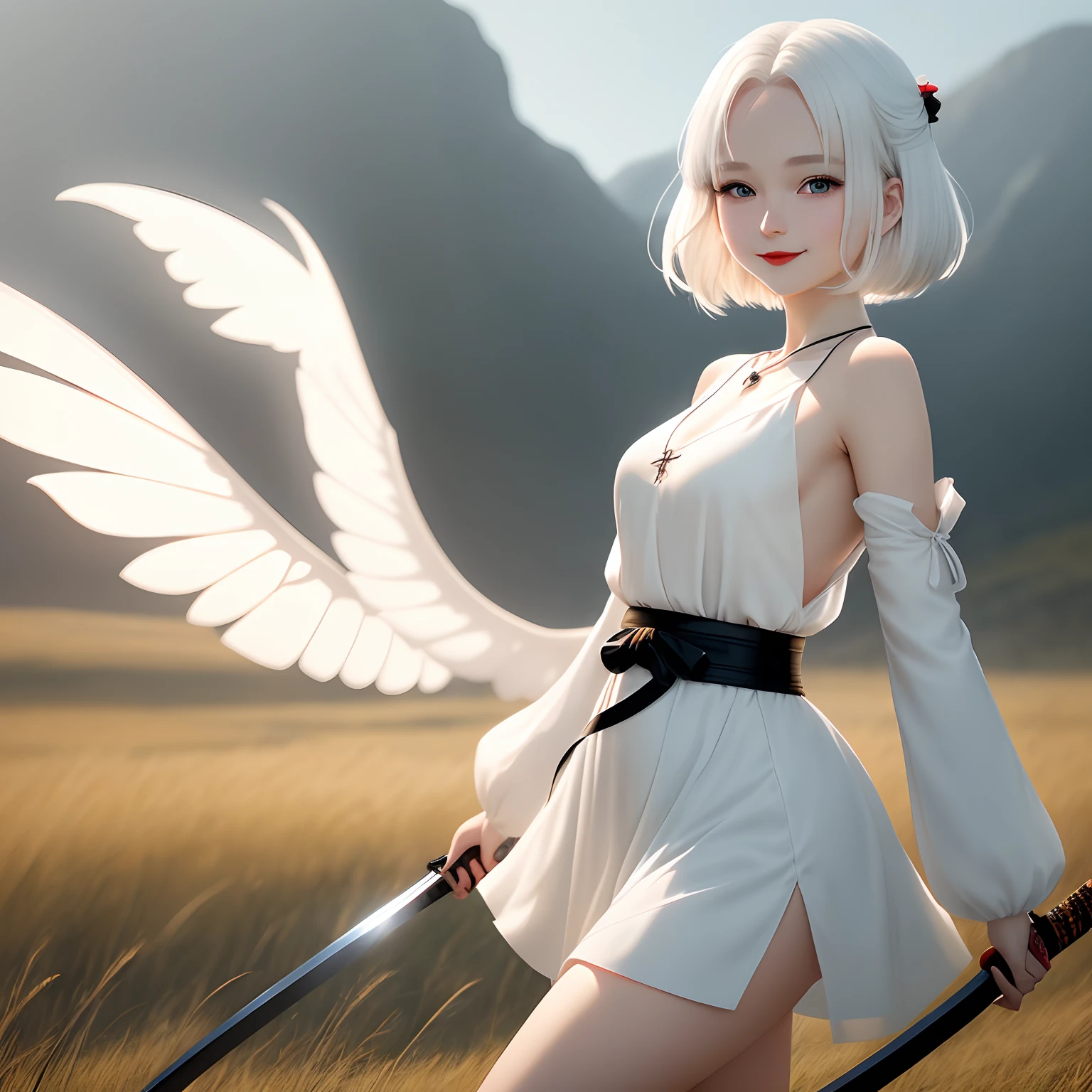 Anime character, girl, beautiful short shoulder length hair, white dress, wearing a thigh length dress, long sleeved dress, white hair, beautiful face, light blue eyes, 8k resolution, HD quality, very detailed body parts, full body, standing pose, smiling sweetly,Holds a glowing katana, black belt, Black necklace, Has glowing white wings detailed, red lips, grassland background,HDR resolution, cinematography shot