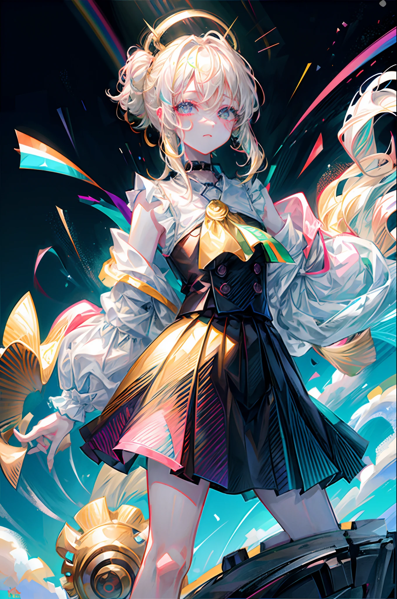 Rainbow on background、Irridescent color、colourfull、top-quality、超A high resolution、(Photorealsitic:1.4)、Female 1 Person、Sleeveless white buttoned shirt、Black skirt、Black Choker、cute little、(Kpop Idle)、(attractiveness:1)、(Platinum Blonde Hair:1)、((Puffy eyes))、Look at the viewer、full body Esbian、Facing the front