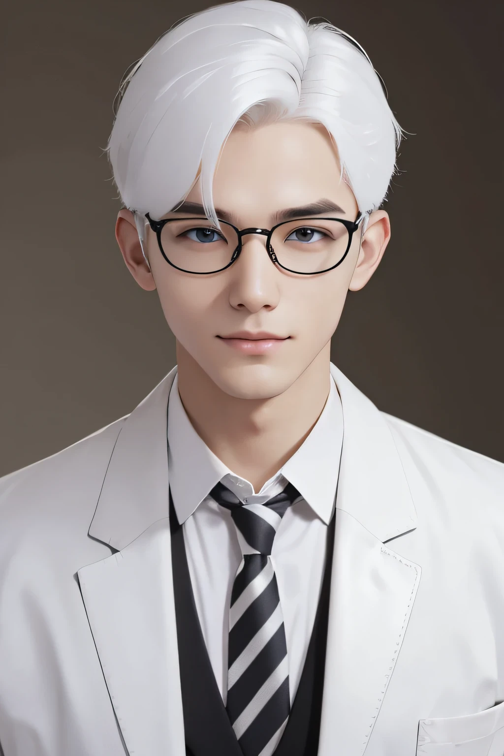 (masterpiece), best quality, ultrdetailed,illustration,ultra detailed view, (realistic),white hair,1 young man,(full bodyesbian),((Researcher in white coat)),(Wearing glasses),twinks,(light skinned),(Know),black eyes,(Gender: Natural Face),(Korea person),Long body,(Wearing leather shoes),Clean laboratories,(Beautiful fece),((wears glasses)),Cool image,A slight smil