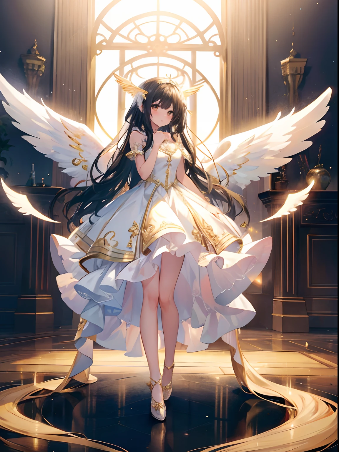 Ultra-realistic photo of a girl in a majestic white and golden ball gown dress, Big beautiful dress, Complex puffy ball gown with lots of frills and rhinestones (Best Quality, masutepiece, ((Angel wings:1.2))。 art  stations, Fantasy Art:1.2), Palace rooms, Beautiful cute girl, (Black Long Hair:1.3), (Complex short gold skirt, Bare legs:1.2, Full body shot)