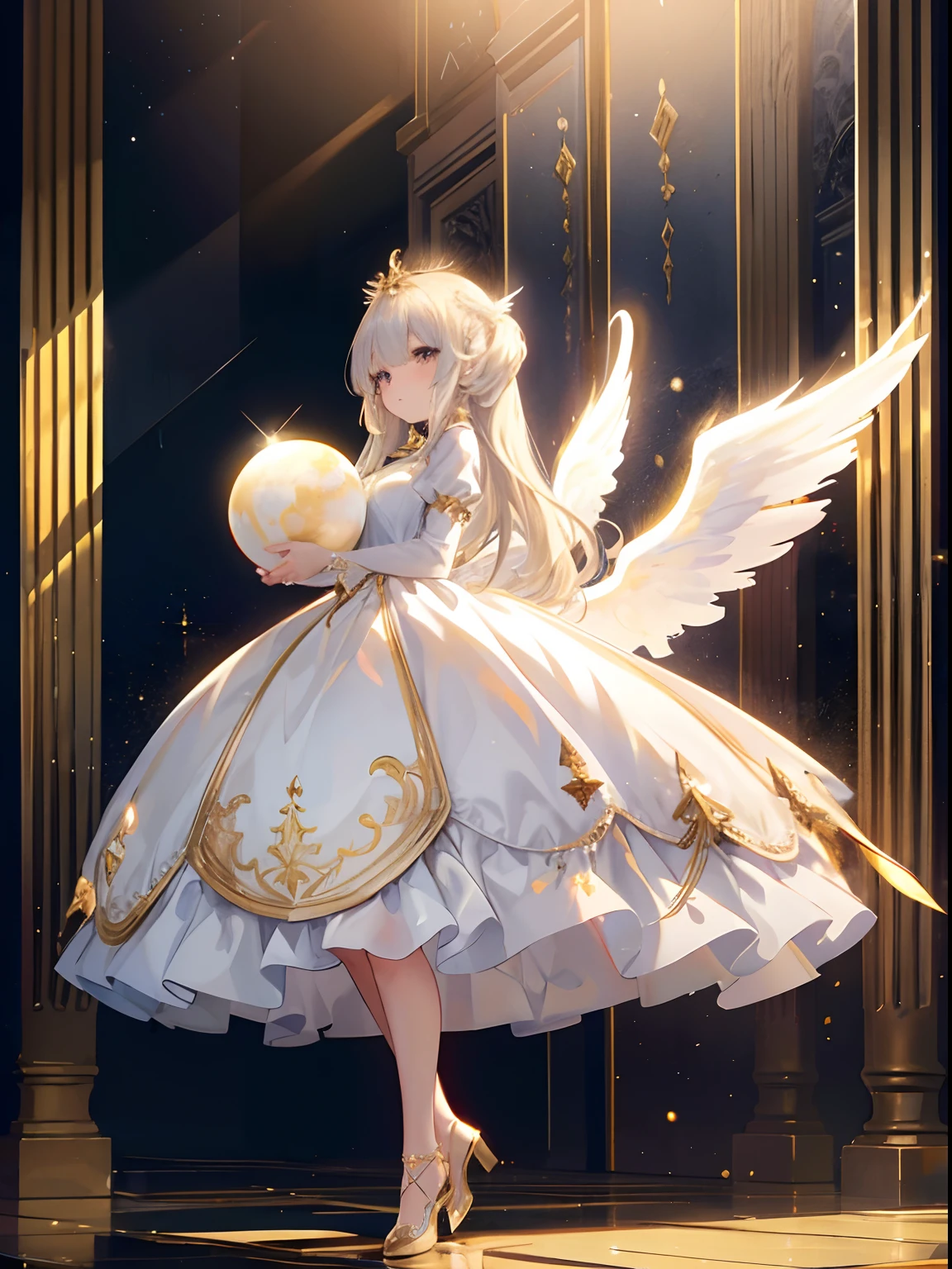Ultra-realistic photo of a girl in a majestic white and golden ball gown dress, Big beautiful dress, Complex puffy ball gown with lots of frills and rhinestones (Best Quality, masutepiece, ((Angel wings:1.2))。 art stations, Fantasy Art:1.2), Palace rooms, Beautiful cute girl, (Black Long Hair:1.3), (Complex short gold skirt, Bare legs:1.2, Full body shot)