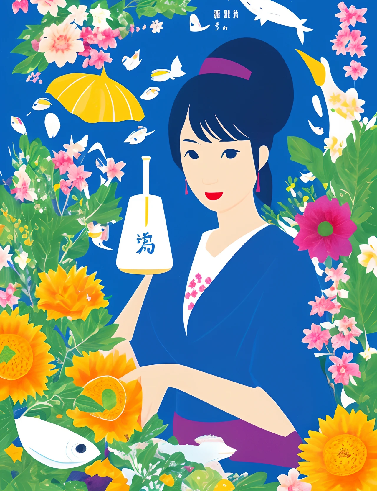 Please create an illustration that represents a woman in the Hokkaido region。She is powerful、Full of vitality,、It grows in an environment rich in fresh seafood and dairy products。
