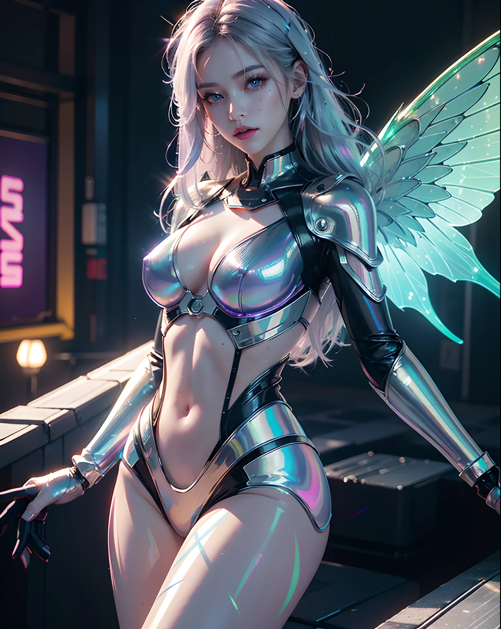 Rainbow Mechanical Girl
Mechanical body,metal body,reflective surfaces,holographic projectors
Character themes,female android,beautiful detailed eyes,beautiful detailed lips,extremely detailed face,longeyelashes,silver hair,glowing neon lights，fantasy outfit,empowered posture
Material,concept art,3D rendering,metallic sheen,shiny surface,vibrant colors
Additional details,(mechanical wings:1.3),glowing circuit patterns,rainbow-colored energy flowing through her body,digital butterflies fluttering around her,floating in mid-air,energetic movements
Image quality,(best quality,4k,8k,highres,masterpiece:1.2),ultra-detailed,(realistic,photorealistic,photo-realistic:1.37),HDR,UHD,studio lighting,ultra-fine painting,sharp focus,physically-based rendering,extreme detail description,professional,vivid colors,bokeh
Art style,concept art,sci-fi,anime
Color tones,iridescent,rainbow hues,neon colors,futuristic color palette
lamplight,dynamic light sources,soft glow,subtle shadows,light beams,electric light effects
