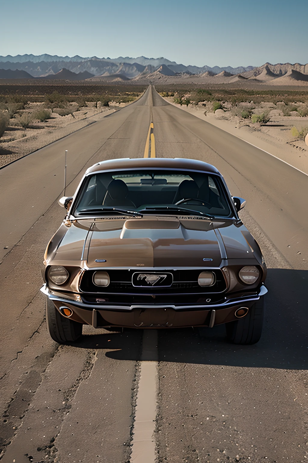 1967 ford mustang fastback on a lonely desert road, front view, sensation of speed, super realistic photo,