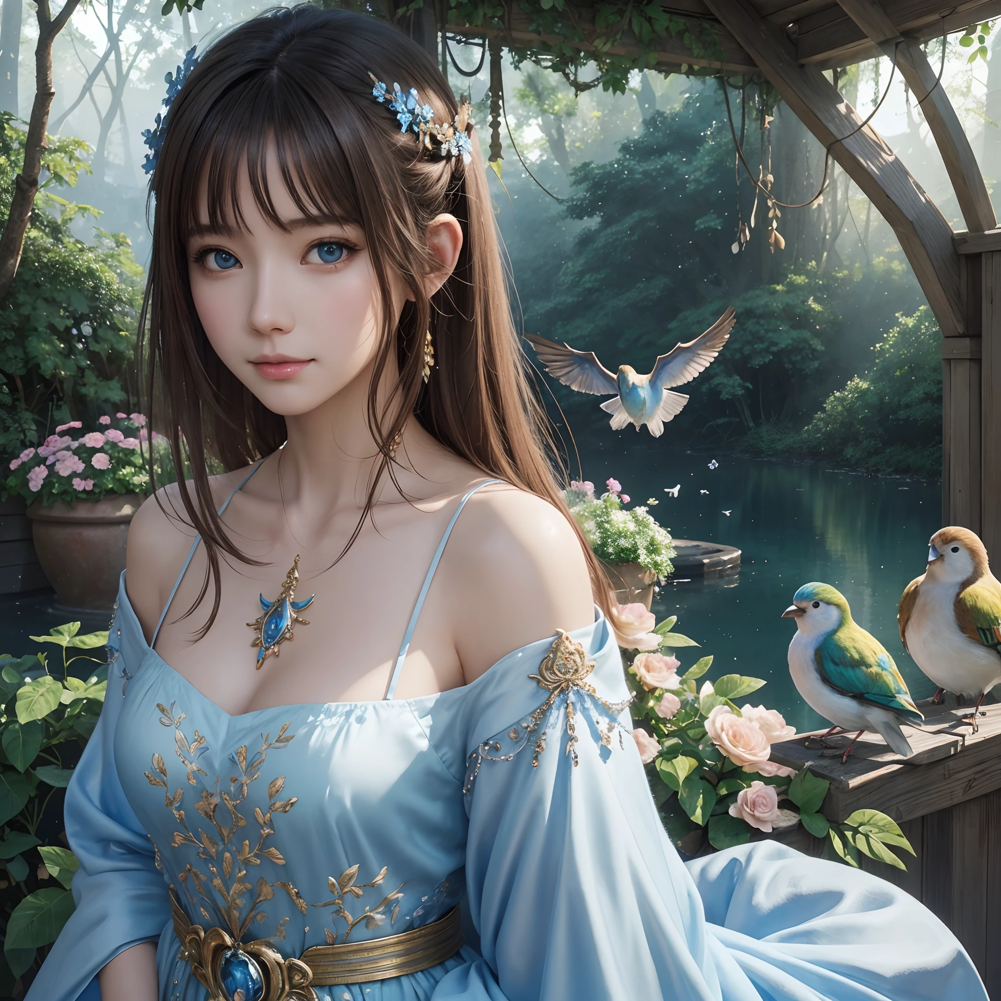 hightquality、8K Ultra HD、fullllbody、One 16-year-old woman、Gentle smile、Rich facial expressions、Beautiful flowers、robe blanche、light brown hair、Blue eyes、(Lovely soothing forest and colorful birds in the background)、cute little、Beautiful fece、portlate、Antique architecture、Crystal Brilliance、art by:Alberto Seveso、Abstract art style、Complex and intricate watercolor painting 、digitial painting、concept-art、Volumetric lighting、TanvirTamim、metal reflective、2d render、8K。 by artgerm、Trending on ArtStation