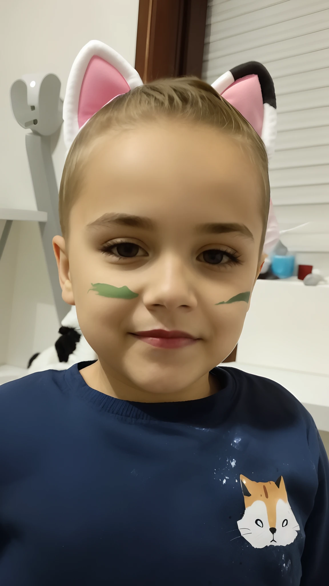 There's a boy with a cat face painted on his face, marcas no rosto, pele pintada de verde, pintura facial, cara verde, menino bonito, menino com rosto neutro, levemente marcado em seu rosto, restolho no rosto, rosto manchado, pintura facial, olhos cor de esmeralda, 4 anos de idade, pintura facial, um gesso em sua bochecha