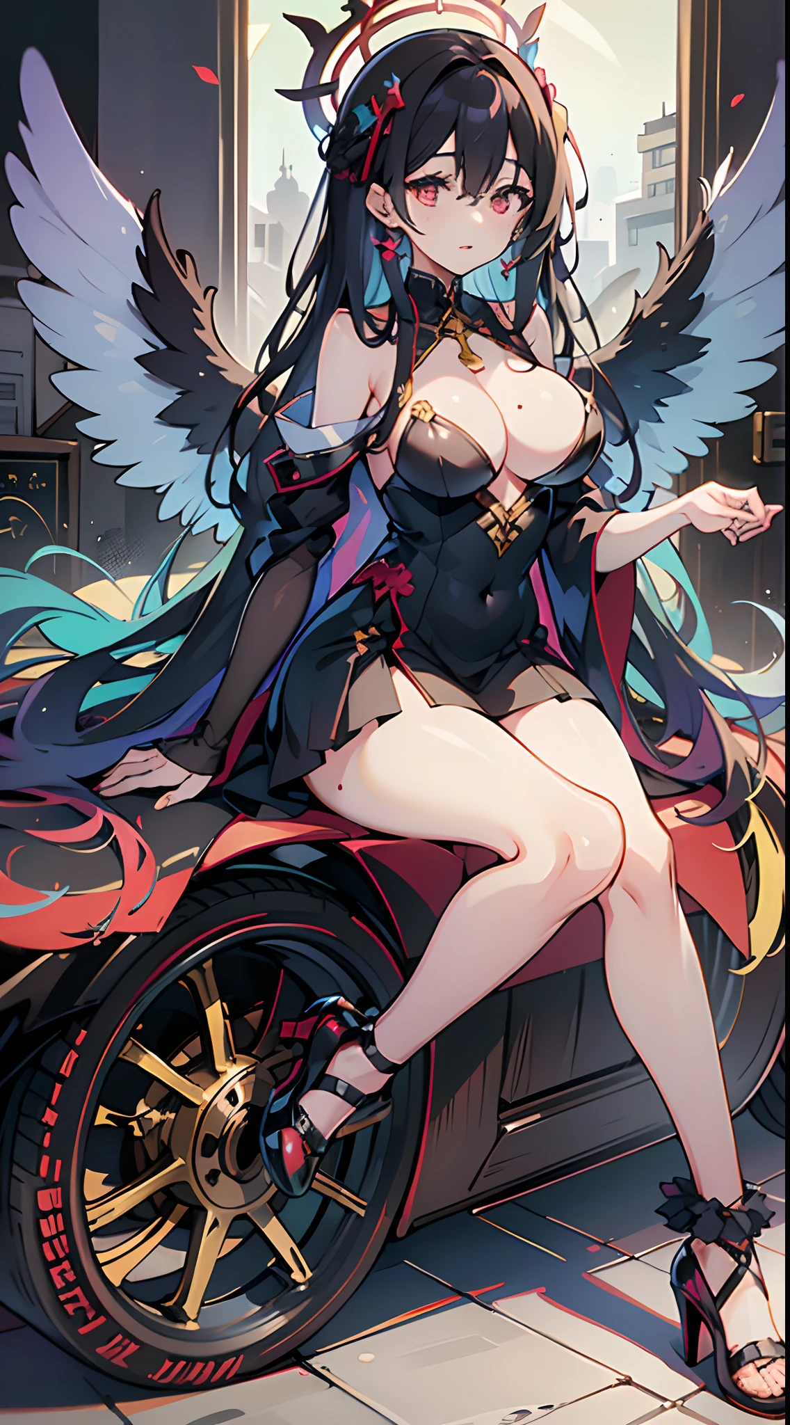 Angels, halos, wings, discolored wings ��1girl, breasts, solo, hasumi (blue archive), black hair, long hair, wings, red eyes, large breasts, high heels, halo, cleavage, black wings, black footwear, looking at viewer, hair between eyes, sitting, dress, mole under eye, mole, bare shoulders, very long hair, motor vehicle, black dress, low wings, closed mouth, bangs, car, ground vehicle, feathered wings, full body, off shoulder, collarbone, legs，（MitsuriDS）