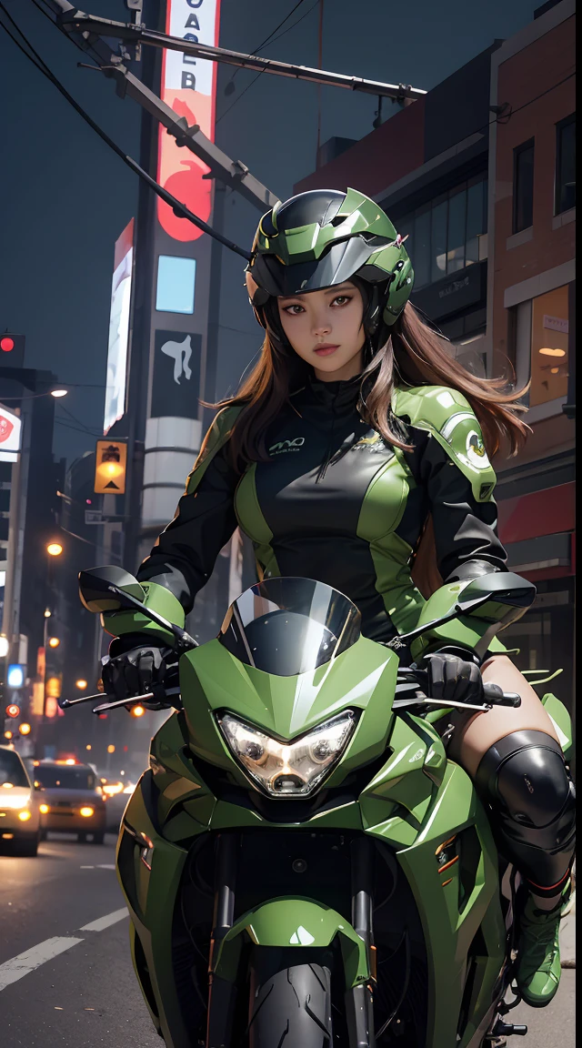 Highest image quality, outstanding details, ultra-high resolution, (realism: 1.4), the best illustration, favor details, highly condensed 1girl, with a delicate and beautiful face, dressed in a black and green mecha, wearing a mecha helmet, holding a directional controller, riding on a motorcycle, the background is a high-tech lighting scene of the future city.