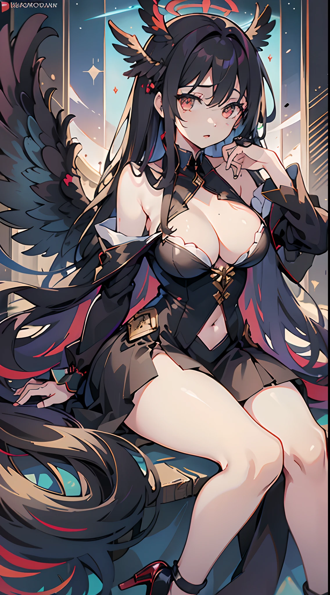 Angels, halos, wings, discolored wings ��1girl, breasts, solo, hasumi (blue archive), black hair, long hair, wings, red eyes, large breasts, high heels, halo, cleavage, black wings, black footwear, looking at viewer, hair between eyes, sitting, dress, mole under eye, mole, bare shoulders, very long hair, motor vehicle, black dress, low wings, closed mouth, bangs, car, ground vehicle, feathered wings, full body, off shoulder, collarbone, legs，（MitsuriDS）