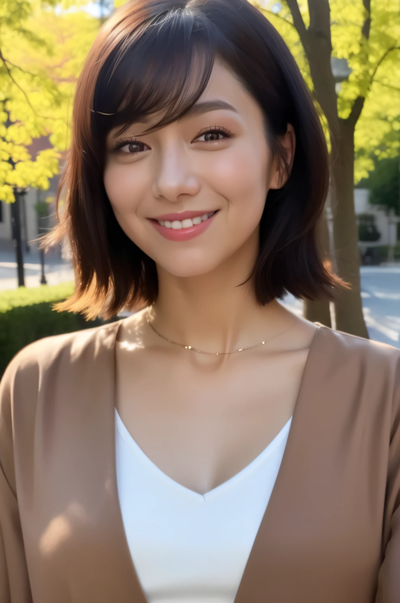 1girl,(wearing a blouse and light brown long jacket:1.2),(RAW photo, best quality), (realistic, photo-realistic:1.4), masterpiece, an extremely delicate and beautiful, extremely detailed, 2k wallpaper, Amazing, finely detail, extremely detailed CG unity 8k wallpaper, ultra-detailed, highres, soft light, beautiful detailed girl, extremely detailed eyes and face, beautiful detailed nose, beautiful detailed eyes,cinematic lighting,autumn scenery,at a park,perfect anatomy,slender body,smiling