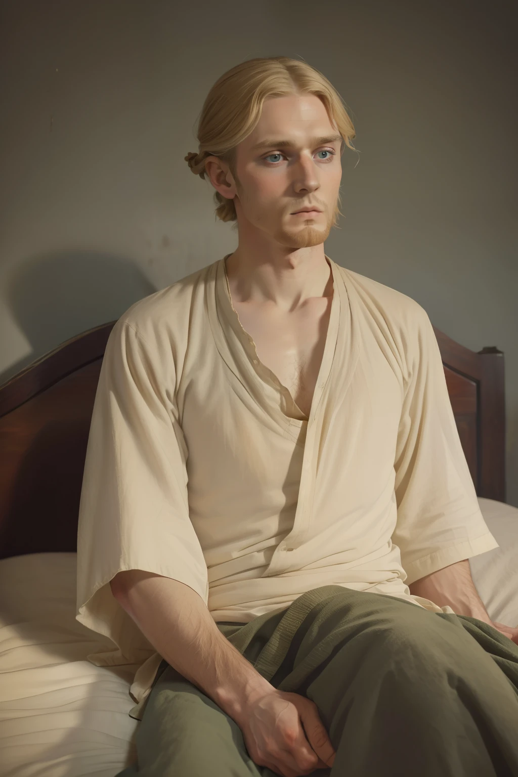 year: 1865. Location: Elmira. Pre-Raphaelite 26-year-old blonde man, thin, sick, war injury, recovering in bed, ((((Clothing from the 1860s, night shirt)))) ((Hairstyle of the 1860s)), ((("OMITB" cinematography)))