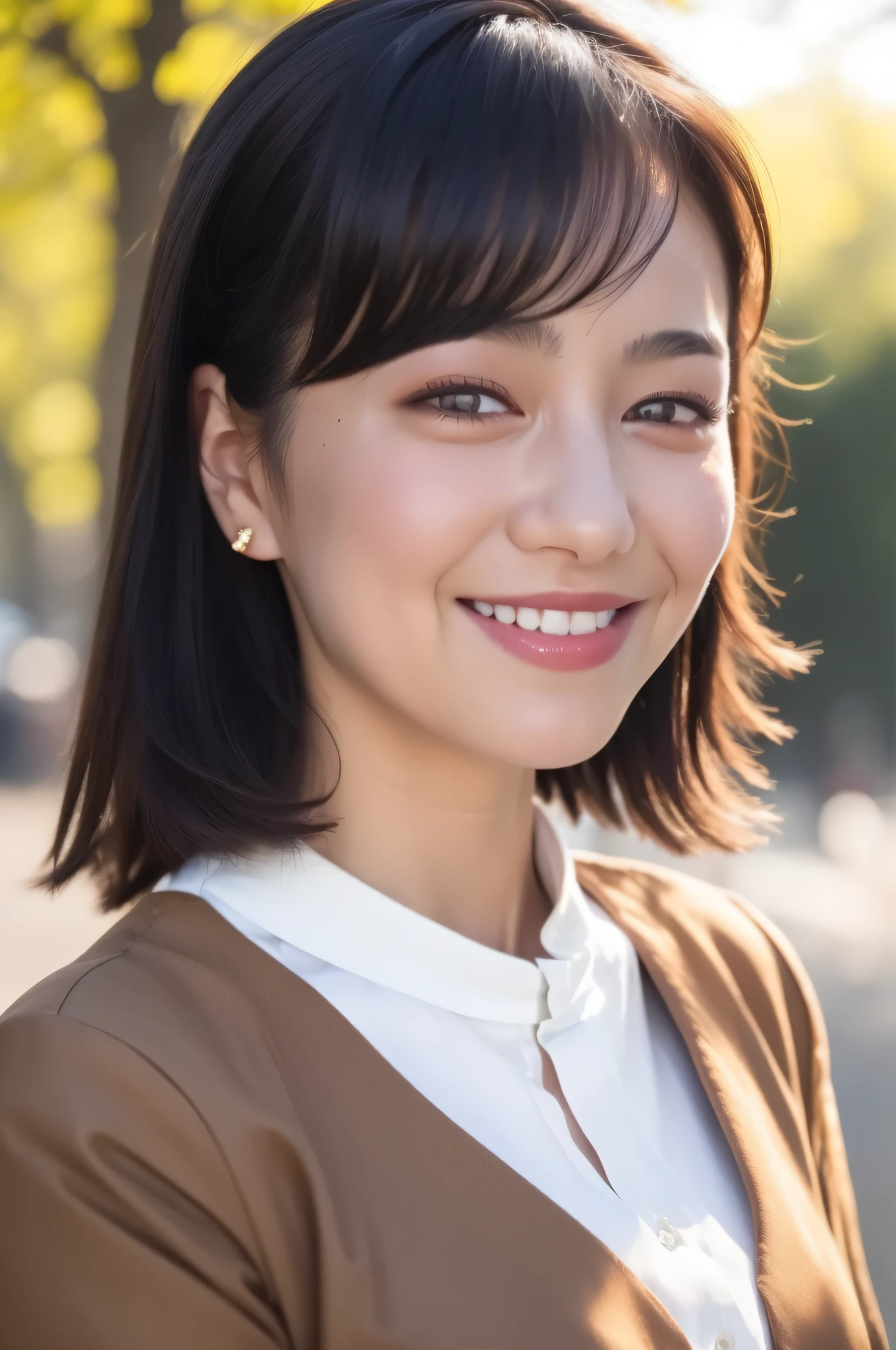 1girl,(wearing a blouse and light brown long jacket:1.2),(RAW photo, best quality), (realistic, photo-realistic:1.4), masterpiece, an extremely delicate and beautiful, extremely detailed, 2k wallpaper, Amazing, finely detail, extremely detailed CG unity 8k wallpaper, ultra-detailed, highres, soft light, beautiful detailed girl, extremely detailed eyes and face, beautiful detailed nose, beautiful detailed eyes,cinematic lighting,autumn scenery,at a park,perfect anatomy,slender body,smiling