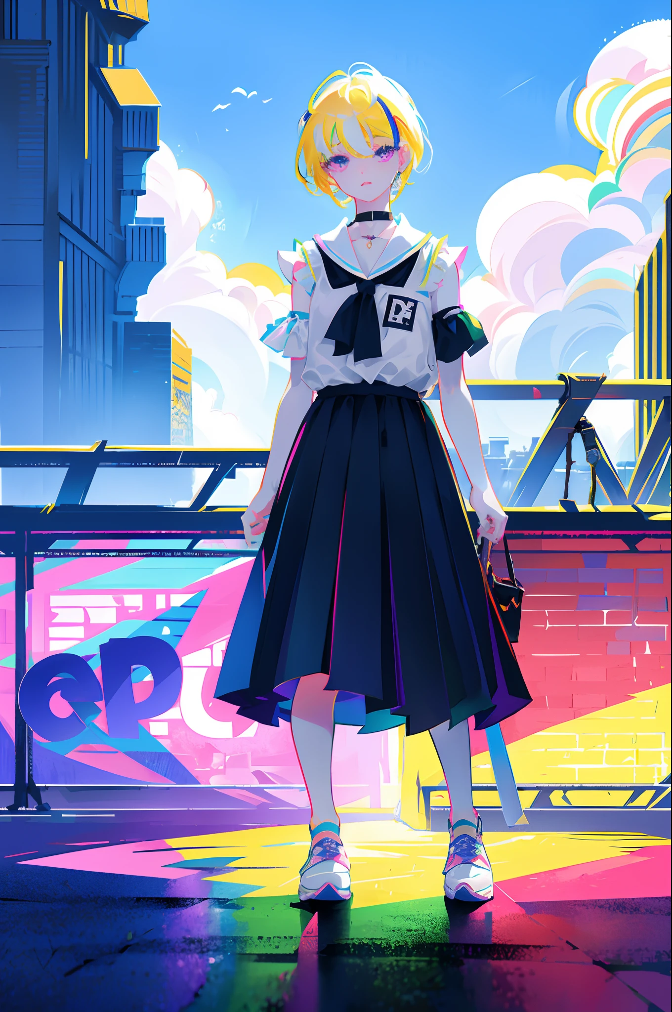 Rainbow on background、Irridescent color、colourfull、top-quality、超A high resolution、(Photorealsitic:1.4)、Female 1 Person、Sleeveless white buttoned shirt、Black skirt、Black Choker、cute little、(Kpop Idle)、(attractiveness:1)、(Platinum Blonde Hair:1)、((Puffy eyes))、Look at the viewer、full body Esbian、Facing the front