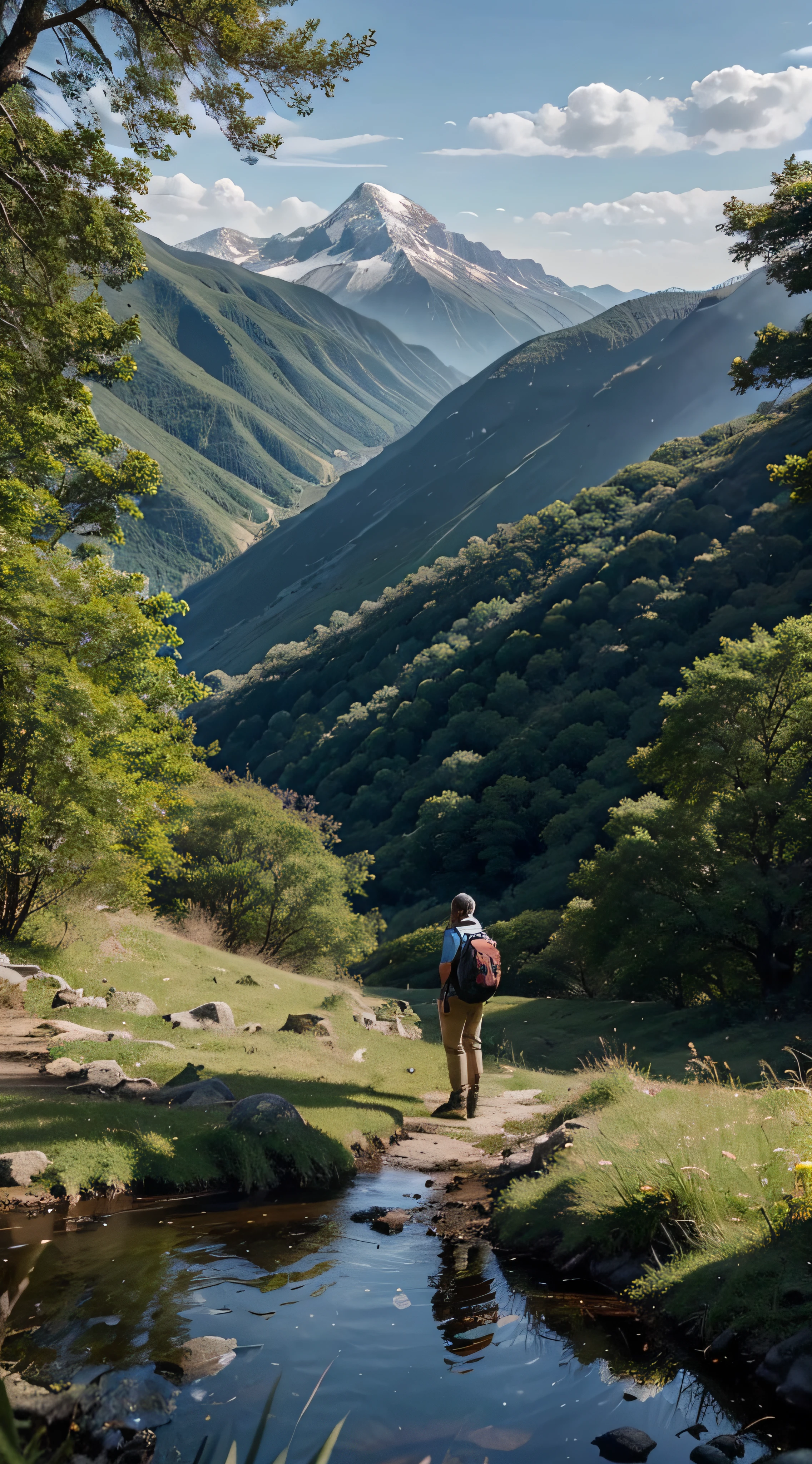 The hiker pauses on their journey, taking a moment to absorb the stunning view and the tranquil surroundings. The pause symbolizes the idea that our heart and soul can serve as our compass on this remarkable journey, guiding us to moments of serenity.