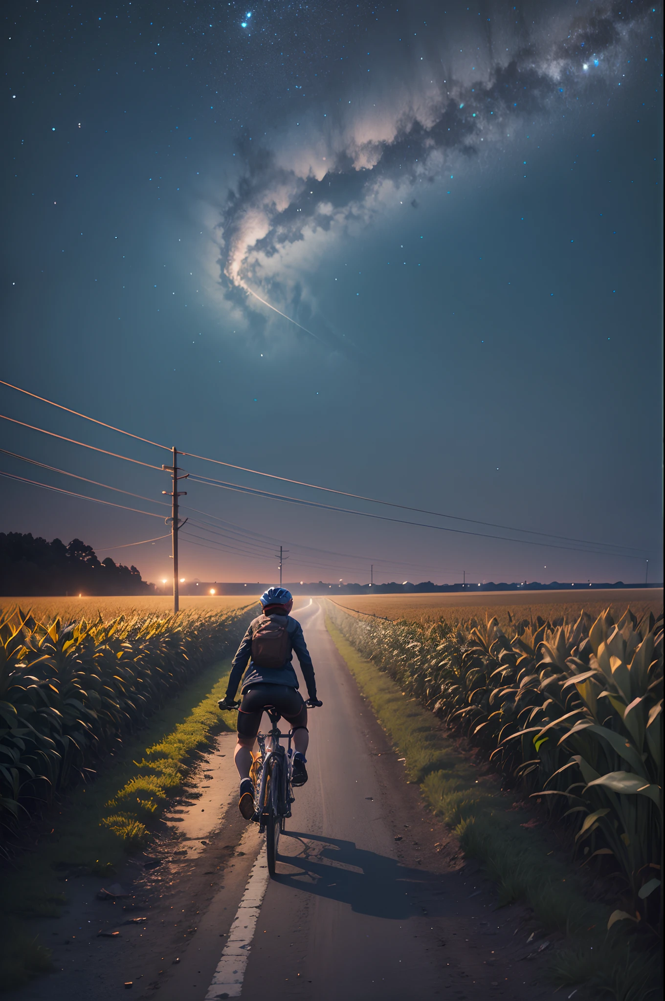 A {dark and mysterious} photo of a {person} {riding a bike} in the {middle of the night}, with a {single headlight} lighting the way. The {bike path} is lined with {corn fields} on both sides. The photo is taken from a {first-person point of view}, giving a sense of immersion. --auto --s2
