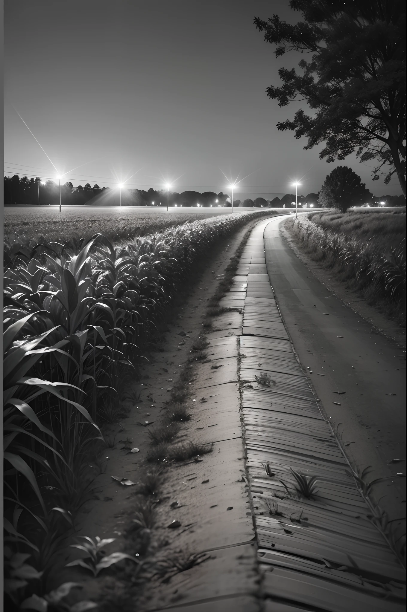 A {dark and mysterious} photo of a {person} {riding a bike} in the {middle of the night}, with a {single headlight} lighting the way. The {bike path} is lined with {corn fields} on both sides. The photo is taken from a {first-person point of view}, giving a sense of immersion. --auto --s2