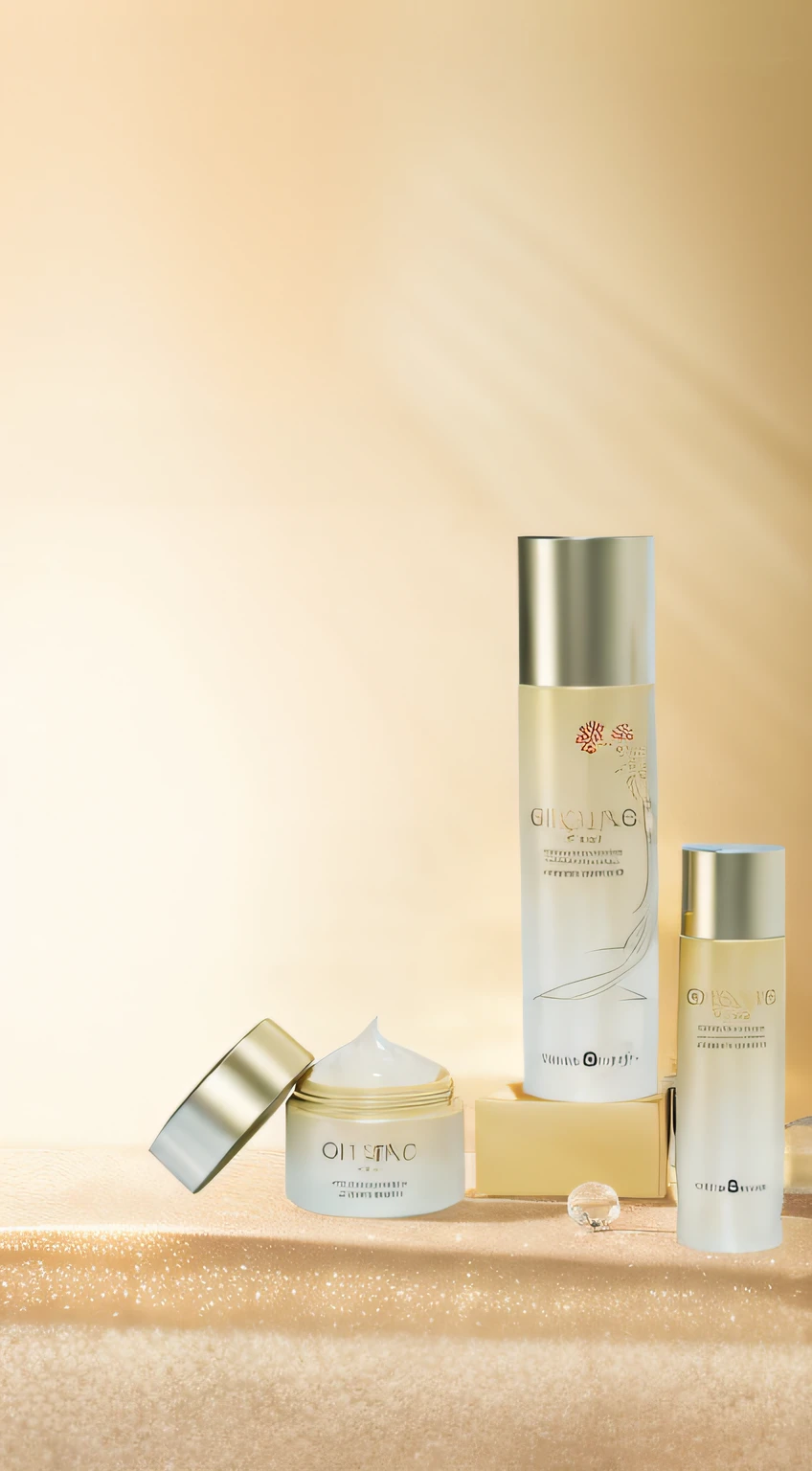 Close-up of a set of skincare products on the table, glistning skin, Skincare, glistning skin, crisp smooth lines, shiny skin, crisp smooth clean lines, sunny morning light, japanese collection product, posing on a, evening sunlight, radiant morning light, gongbi, Sparkling, facial beauty, photoshoot for skincare brand, skin care, Energetic