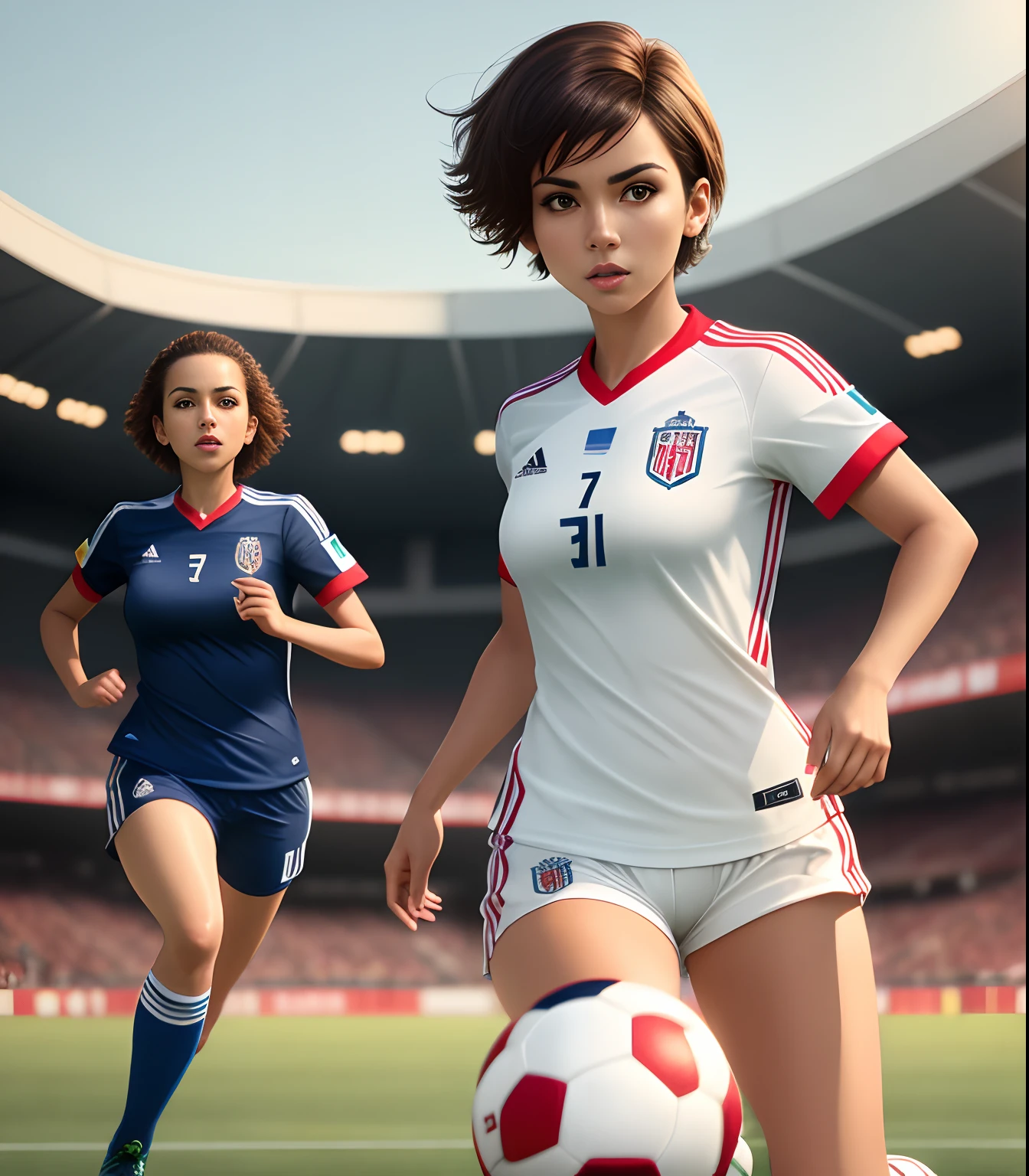 Short-haired woman in soccer uniform, It's like Fabiola Nascimento, Soccer ball at your feet, CG Rendering, Alexis Franklin, julia fuentes, Tuba Metront, olivia de bernardinis, amanda clarke, Martinne Johanna, Running on the football field, Soio