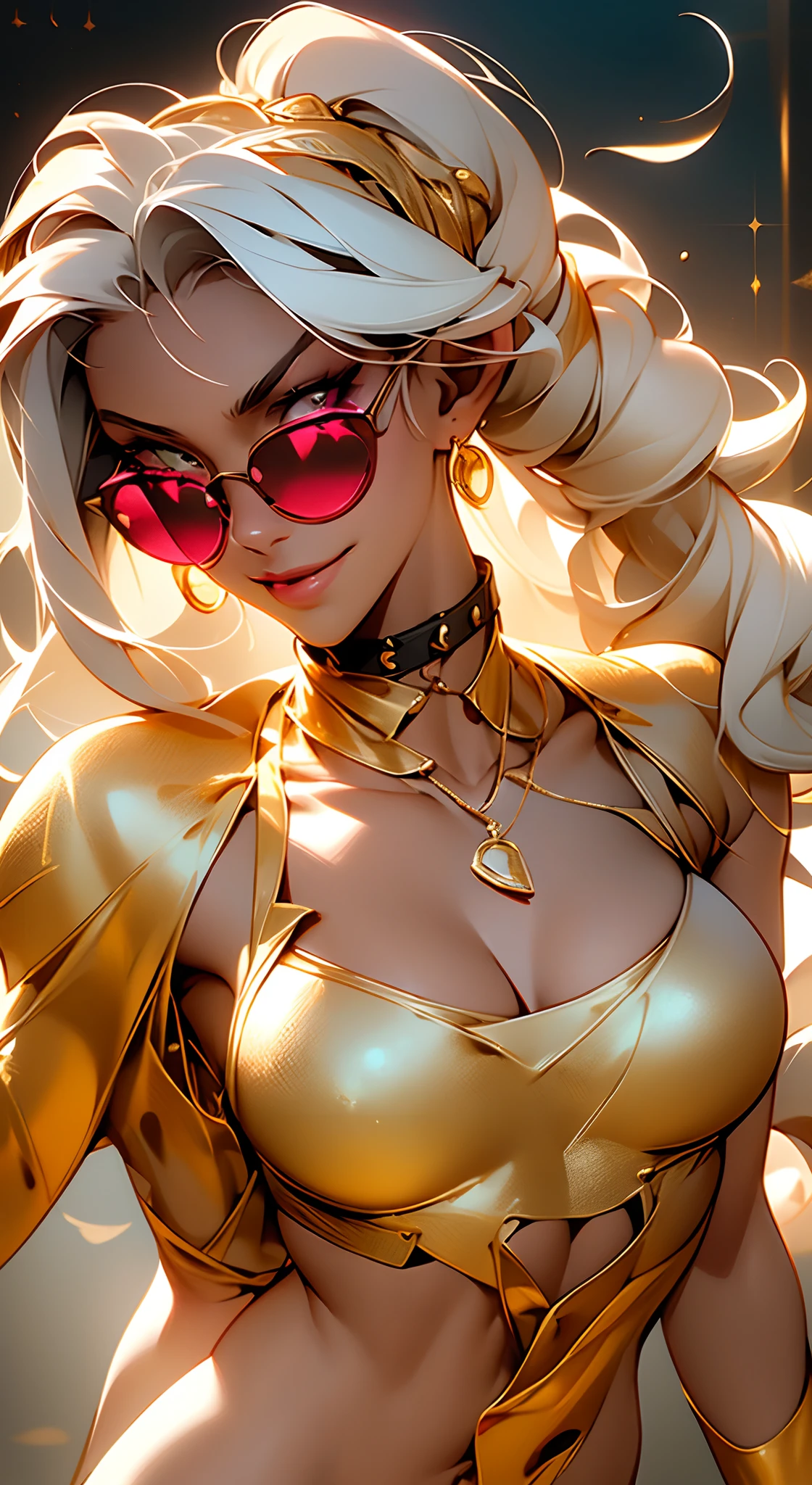 A fantz monster design, Cute robots in space [style-rustmagic]，female robot，Half-human, tmasterpiece，（tmasterpiece，top-quality，best qualityer），1girll， jewely，耳Nipple Ring，choker necklace，bangle， hoop earings， circle glasses，sun glasses， Long hair and long flesh， Blonde hair，Black color hair，Silvery-white hair，Maroon hair， 独奏， ssmile， looking at viewert， motorvehicle，The Car， Sports cars，groundvehicle， Sat down， exteriors， daysies， nedium breasts，Open navel， dark skinned female， Estampados florales， grinning smile，collars，Laser cloth，Sexy bikini，laser，holy rays，gold foil，Gold leaf art，glitter drawing，Correct anatomy，Detailed face, Detailed eyes，Chest exposed，