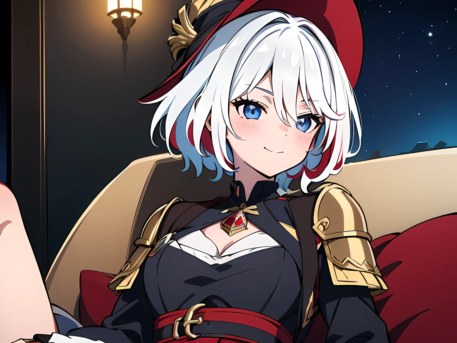 1 girl (wear witch hat), (heterochromia eyes)beautiful eyes finely detailed, (two tone hair color (red and white), long hair, tipsy smile, drunken, blush on her face, wearing armor, finely detailed black and white armor, cinematic lighting, intricate filigree metal design, laying her back on sofa, middle ages style bedroom, full body, anime best girl, masterpiece sidelighting, night time, masterpiece, top-quality, detailed, High resolution illustration