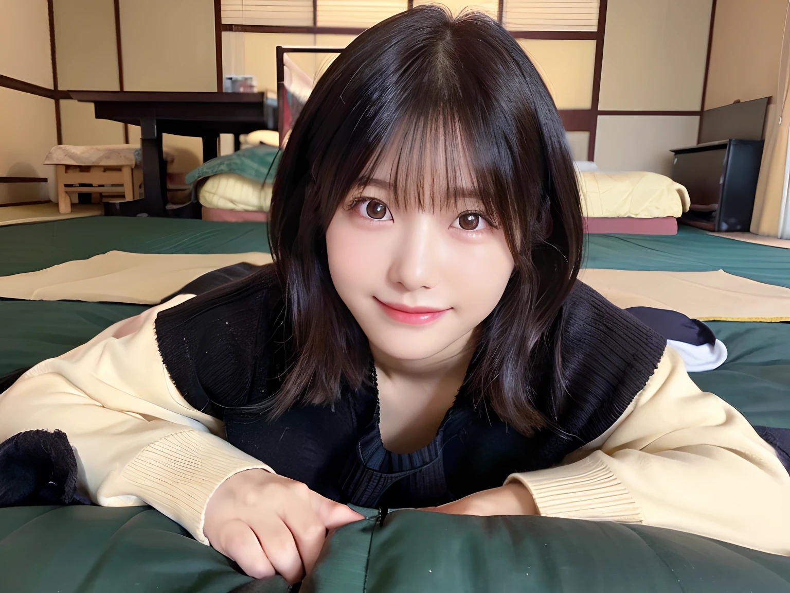 (top-quality,8K picture quality,​masterpiece:1.3,),(超A high resolution,Photorealsitic:1.4,Raw photography),(ultra-detailliert,shinny skin,Detailed skin),(Detailed face,Perfect Anatomy,Caustics),(Front shot:1.4),(Front view:1.3),(front-facing view:1.5),traditional Japanese room,(Kotatsu:1.2),(Girl lying on the kotatsu:1.2),(Poses that emphasize:1.1),Bust-up shot,20yr old,kawaii,Japanese ido,A dark-haired,short-cut,a smile,(Cream sweater),(ultra gigantic tits),Looking at the camera,natural soft light,