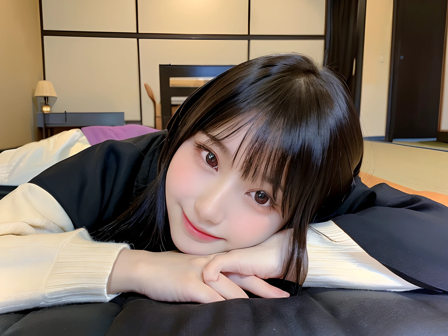 (top-quality,8K picture quality,masterpiece:1.3,),(超A high resolution,Photorealsitic:1.4,Raw photography),(ultra-detailliert,shinny skin,Detailed skin),(Detailed face,Perfect Anatomy,Caustics),(Front shot:1.4),(Front view:1.3),(front-facing view:1.5),traditional Japanese room,(Kotatsu:1.2),(Girl lying on a kotatsu:1.2),(Poses that emphasize:1.1),(Close-up:1.2),Bust-up shot,20yr old,kawaii,Japanese ido,A dark-haired,short-cut,a smile,(Cream sweater:1.1),(ultra gigantic tits),Looking at the camera,natural soft light,