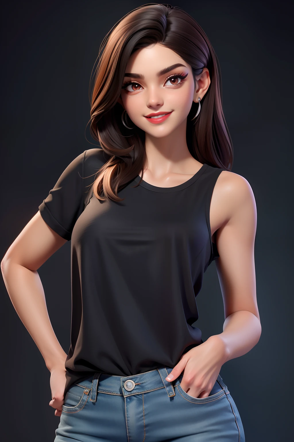 Uma mulher morena baixinha tenho 1,58 ao lado, Has short dark brown hair with shoulder has a light brown eye She's wearing a long black t-shirt, Preto rasgado Long Jeans Sneakers Cor preta, A beautiful smile, Tenho 22anos, Her name is Larissa, Ela tem uma tatuagem, Man, she is beautiful, sexy, hot, Usando um brinco de aro prateado, You're wearing makeup, You're wearing red lipstick