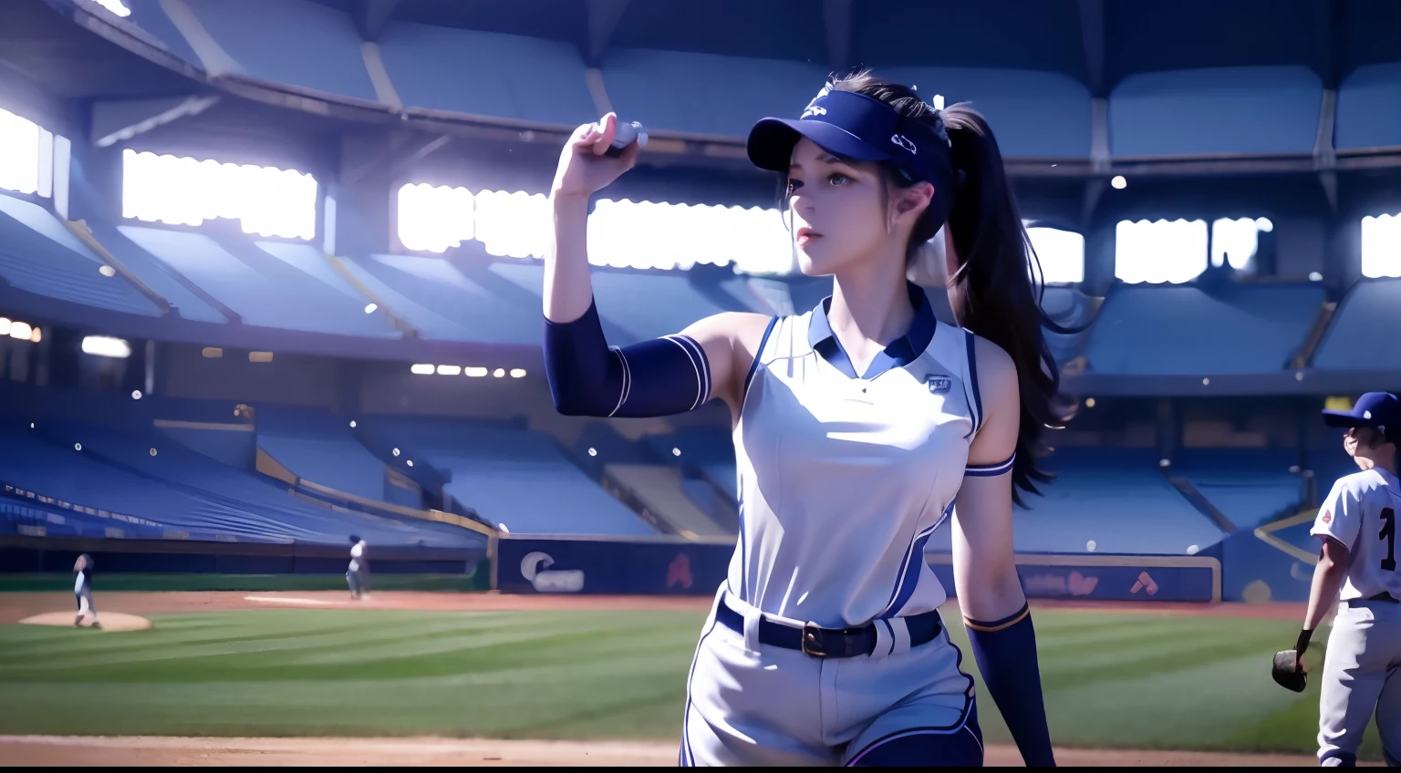 A female baseball player pitches，Baseball bat in hand，Batting dynamics，Correct ergonomics（1.5），tmasterpiece，top Quority，super wide shot（1.5)（realisticlying，realisticlying：1.4），（RAW photos：1.4），Very delicate CG Unity 8K wallpaper，very delicate beautiful，Mann pays attention to detail，offcial art，Beautiful eyes and face（1.5），Beautiful exquisite eyes，light in face，one-girl，long whitr hair，（pompons）nabel，The upper part of the body，Baseball uniforms，He wears baseball gloves on his hands， baseball stadium，