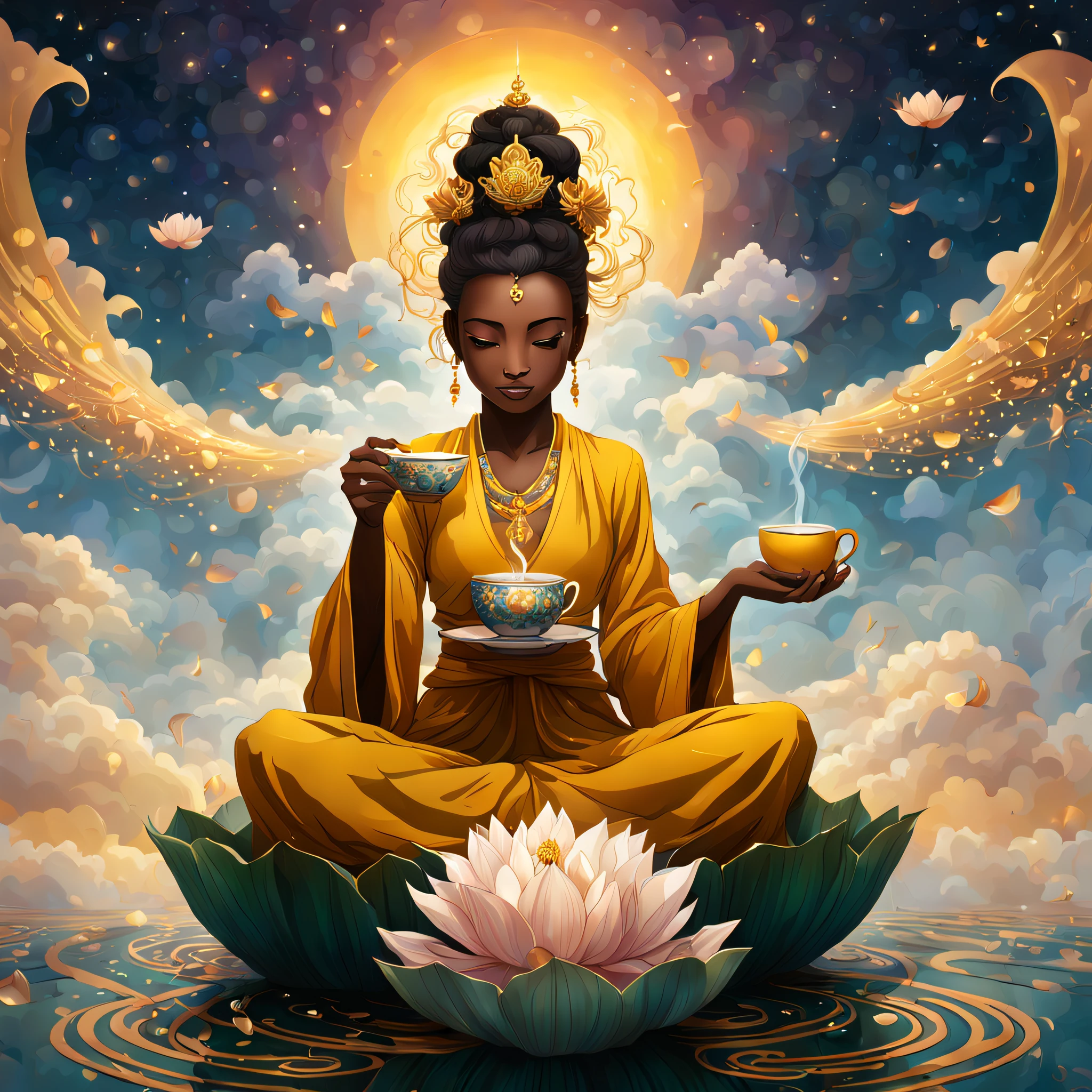 A being, radiating warmth and wisdom, gently sips hot tea from a delicate cup, sitting atop a flying lotus. As the lotus floats gracefully in the ethereal sky, the golden hues of the setting sun create a mesmerizing, psychedelic atmosphere. Dressed in flowing, opulent robes, and adorned with intricate jewelry, the enlightened being invokes a sense of calm and mindfulness, reflecting the Niji styles' harmony and beauty.