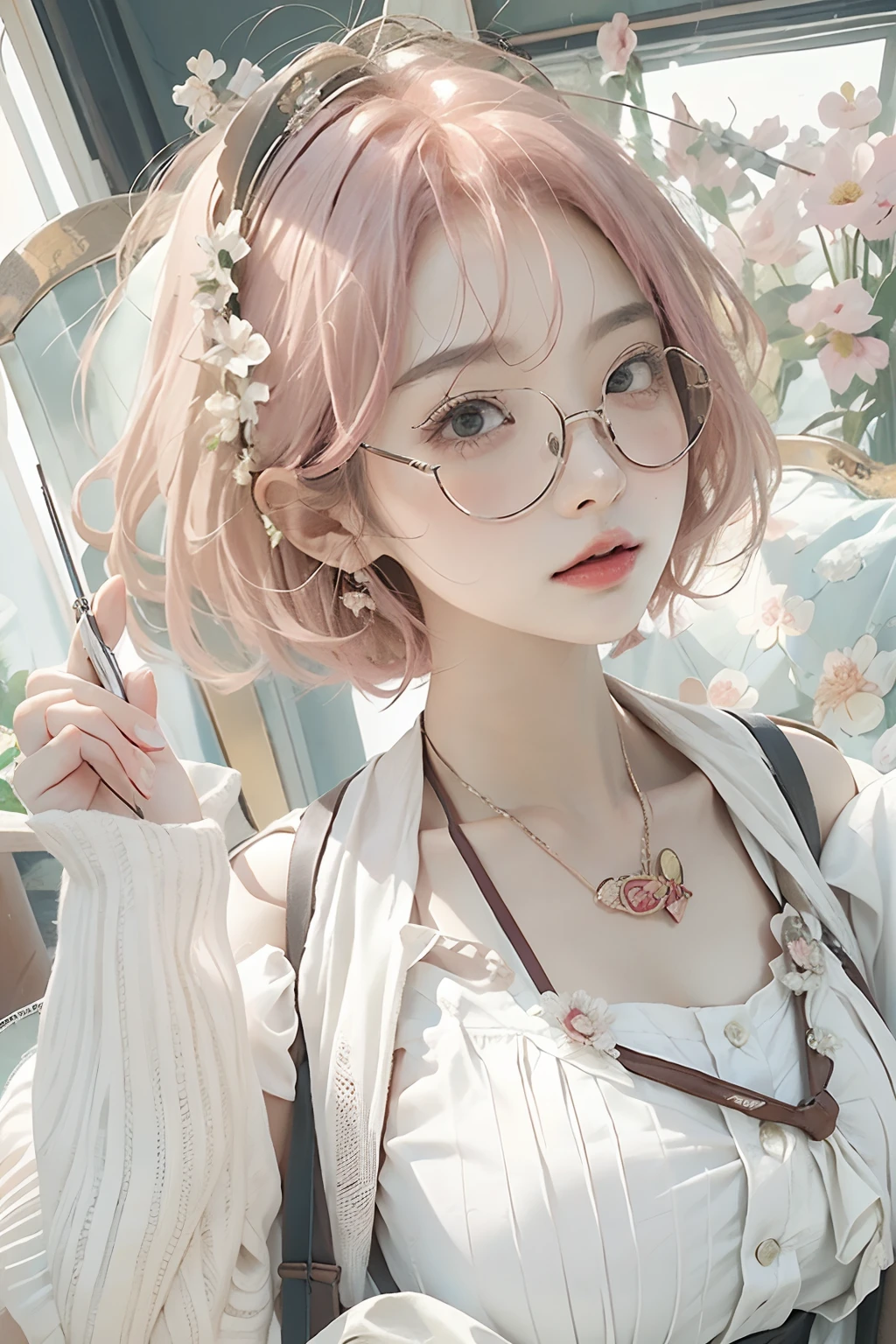 (masterpiece:1.2, best quality), (dinamic lighting) 1lady, solo, short hair, big breasts, (shiny skin:1.2), upper body, monocle, glasses, modern, wavy pink hair,Suspenders, flower on ear, harajuku style, hair pin, loli ,ahoge