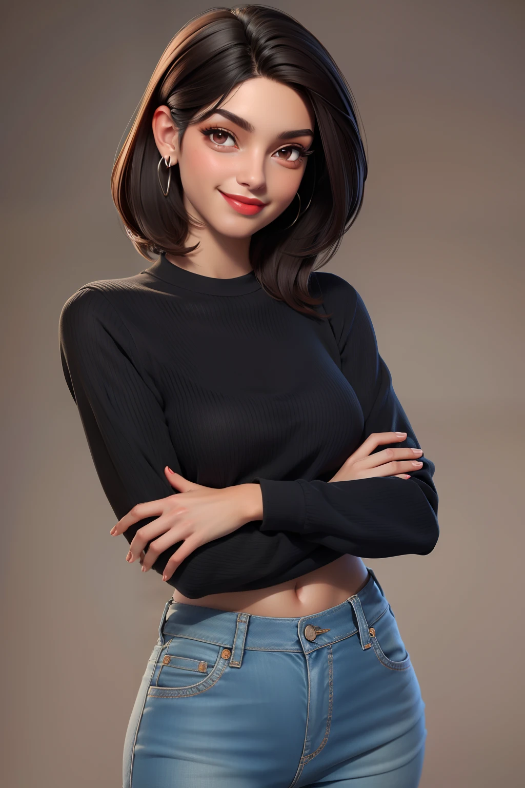 Uma mulher morena baixinha tenho 1,58 ao lado, Has short dark brown hair with shoulder has a light brown eye She's wearing a long black t-shirt, Preto rasgado Long Jeans Sneakers Cor preta, A beautiful smile, Tenho 22anos, Her name is Larissa, Ela tem uma tatuagem, Man, she is beautiful, sexy, hot, Usando um brinco de aro prateado, You're wearing makeup, You're wearing red lipstick