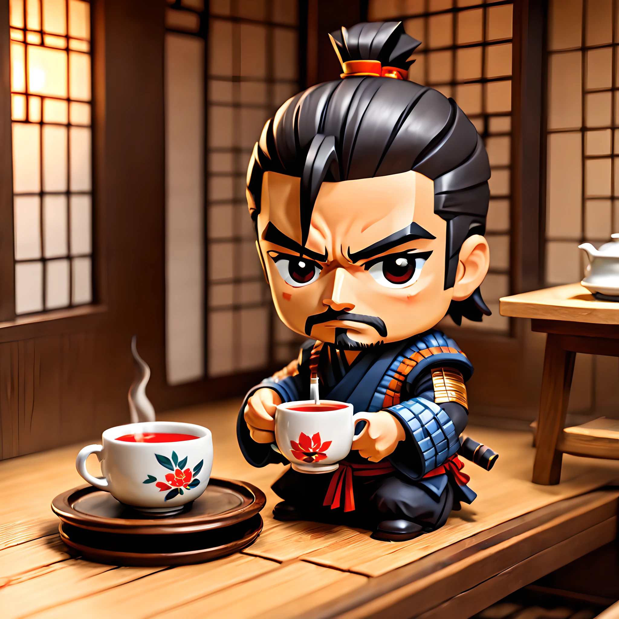(Pixel art:1.5), (pixel theme:1.5), (chibi emote:1.5), (chibi character:1.5),(fantasy:1.5), (1japanse samurai:1.5), (Toshiro Mifune:1.5), (((hot tea:1.5))), (tea ceremony:1.5), (tearoom:1.5),(chinese tea cup:1.5), (drinking a cup of hot tea:1.5)