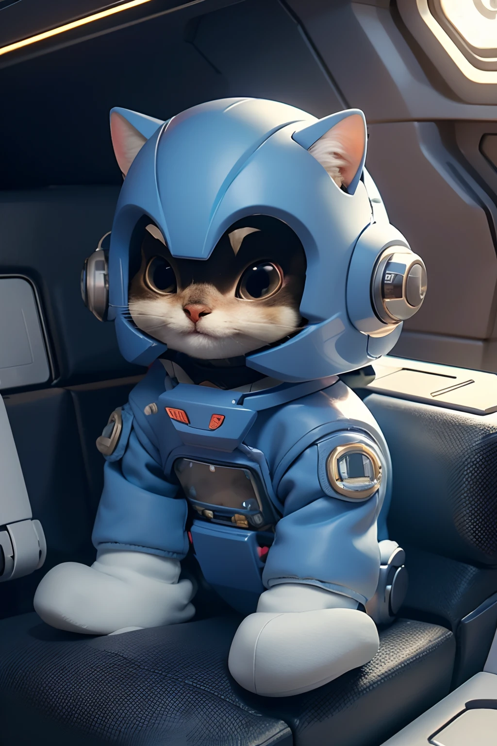 Cartoon cat in mecha sitting in a spaceship,frontage,Cinematic graphics,super ultra detail,Best quality,Cute expressions