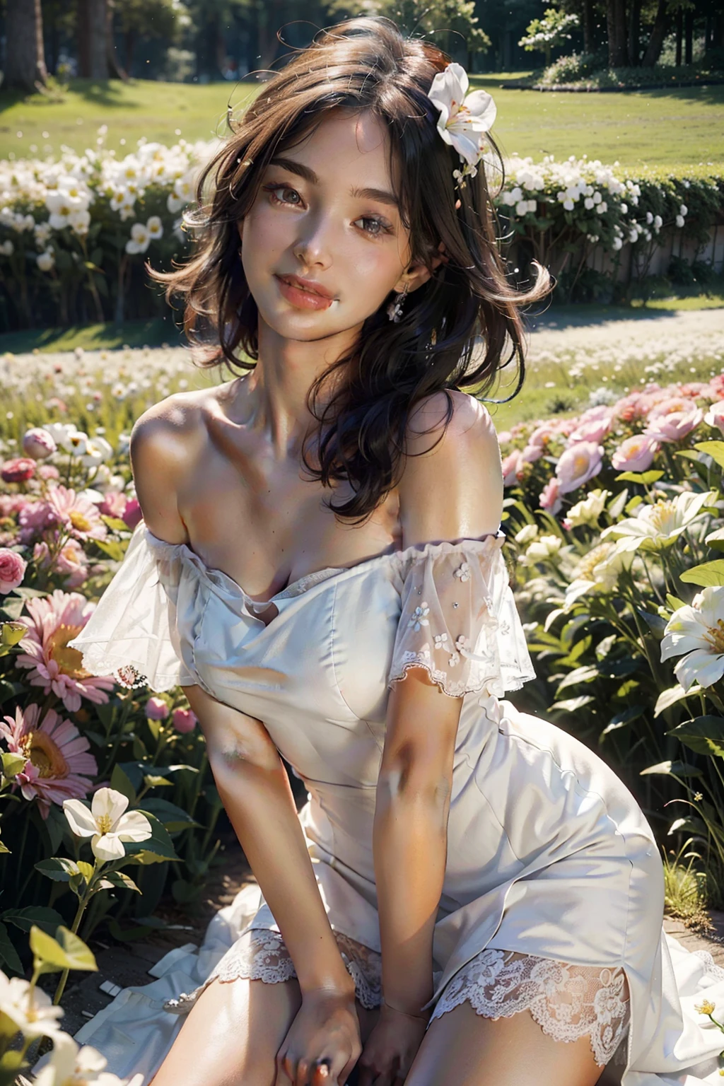 Best quality, masterpiece, ultra high res, (photorealistic:1.4), raw photo, 1girl, white dress, off shoulder, blossom flower field, glowing skin, light smile
