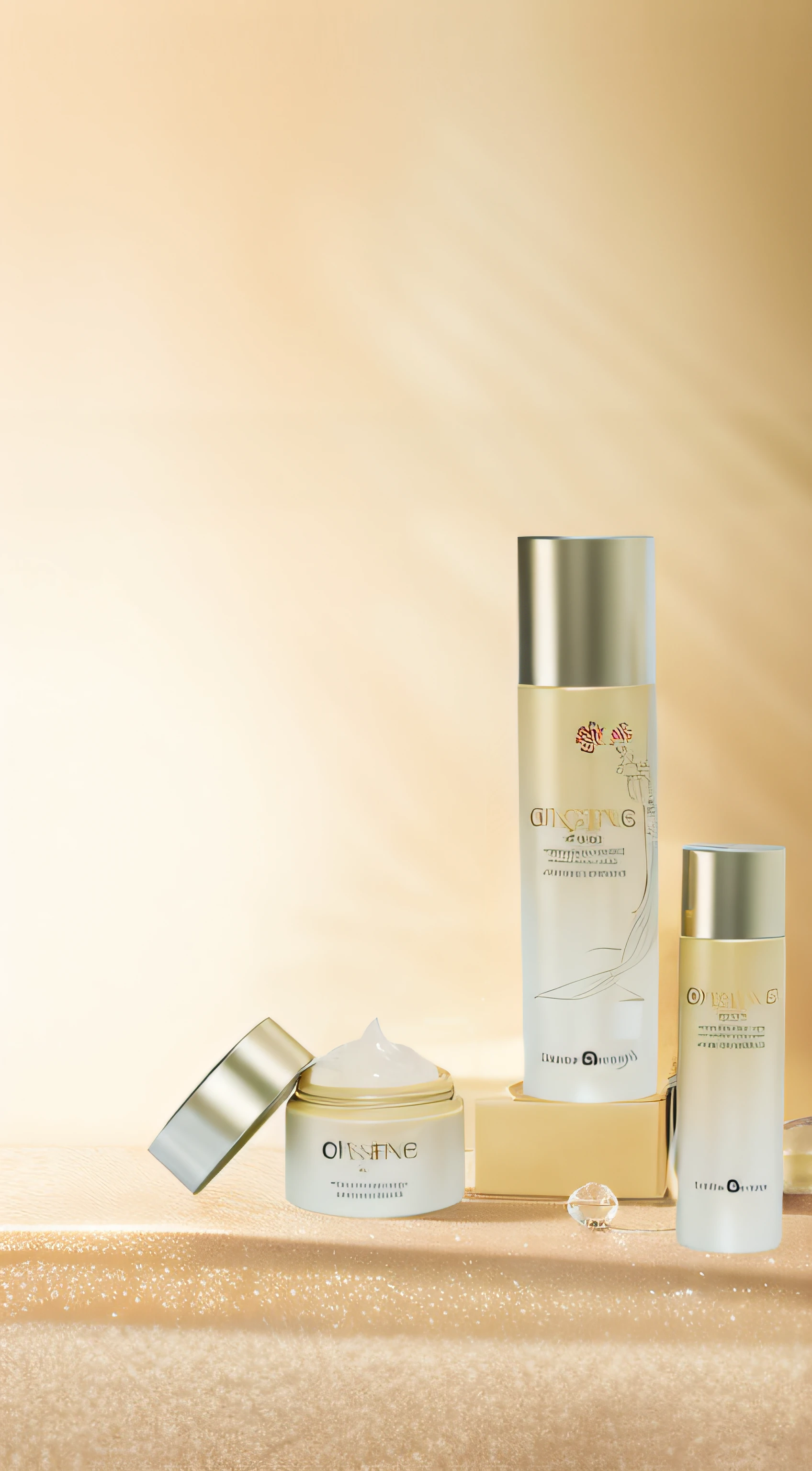 Close-up of a set of skincare products on the table, glistning skin, Skincare, glistning skin, crisp smooth lines, shiny skin, crisp smooth clean lines, sunny morning light, japanese collection product, evening sunlight, posing on a, radiant morning light, gongbi, Sparkling, facial beauty, photoshoot for skincare brand, skin care, Energetic
