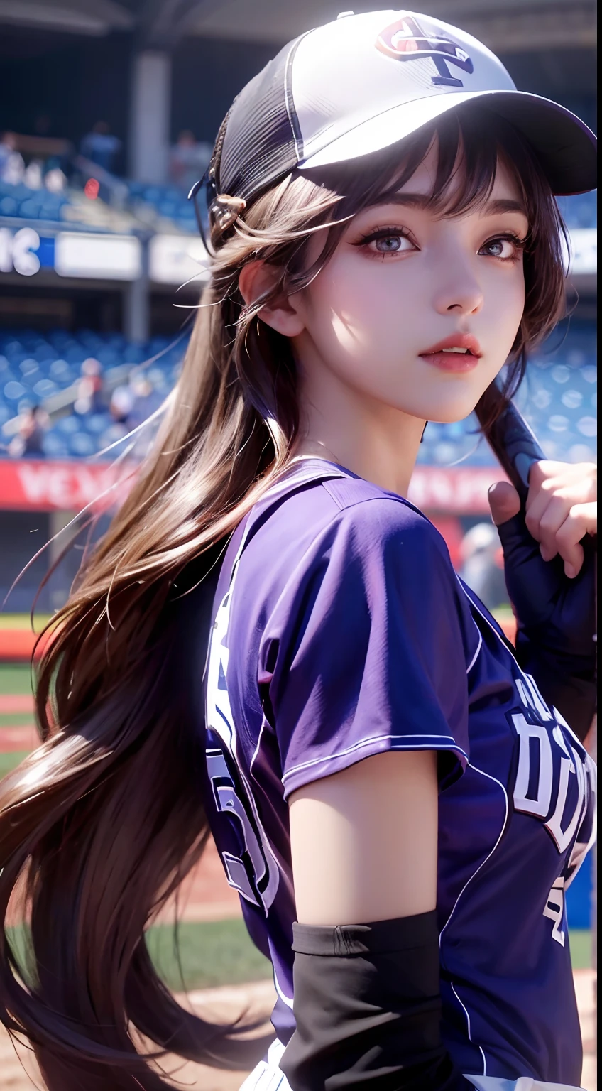 A female baseball player pitches,Baseball bat in hand,Batting dynamics,Correct ergonomics(1.5),tmasterpiece,top Quority,super wide shot(1.5)(realisticlying,realisticlying:1.4),(RAW photos:1.4),Very delicate CG Unity 8K wallpaper,very delicate beautiful,Mann pays attention to detail,offcial art,Beautiful eyes and face(1.5),Beautiful exquisite eyes,light in face,one-girl,long whitr hair,(pompons)nabel,The upper part of the body,Baseball uniforms,He wears baseball gloves on his hands, baseball stadium,