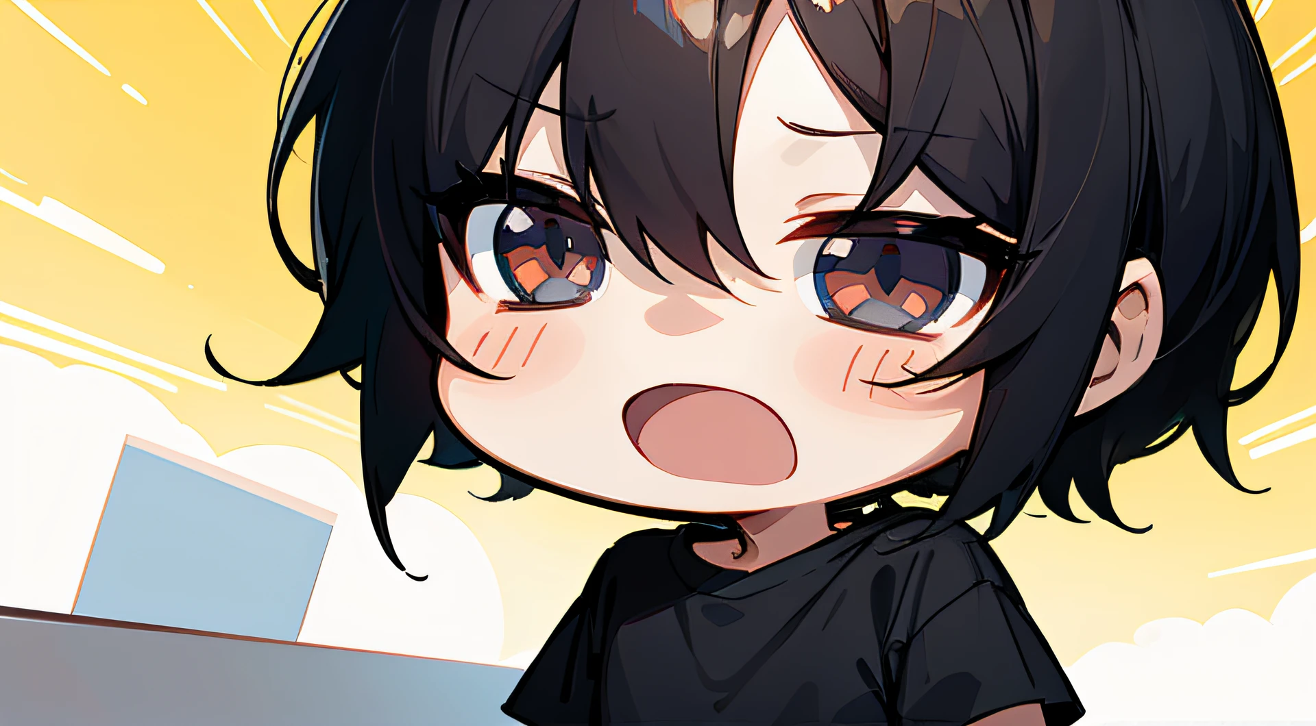 (chibi:1.5), open_mouth, (relaxed:1.5), 1_boy, black_hair, very_short_hair, black_eyes, black_t-shirt, look_at_viewer, shoot_from_front, upper_body