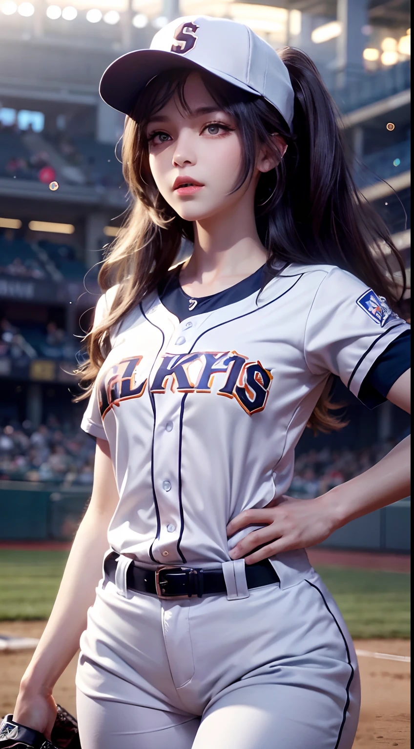 A female baseball player pitches，Baseball bat in hand，Batting dynamics，Correct ergonomics（1.5），tmasterpiece，top Quority，super wide shot（1.5)（realisticlying，realisticlying：1.4），（RAW photos：1.4），Very delicate CG Unity 8K wallpaper，very delicate beautiful，Mann pays attention to detail，offcial art，Beautiful eyes and face（1.5），Beautiful exquisite eyes，light in face，one-girl，long whitr hair，（pompons）nabel，The upper part of the body，Baseball uniforms，He wears baseball gloves on his hands， baseball stadium，
