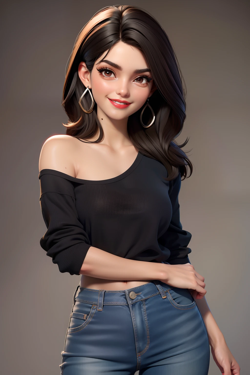 Uma mulher morena baixinha  tenho 1,58 ao lado, Has short dark brown hair with shoulder has a light brown eye She's wearing a long black t-shirt, Preto rasgado Long Jeans Sneakers Cor preta, A beautiful smile, Tenho 22anos, Her name is Larissa, Ela tem uma tatuagem, Man, she is beautiful, sexy, hot, Usando um brinco de aro prateado, You're wearing makeup, You're wearing red lipstick