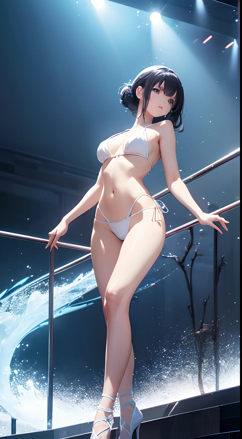 masutepiece、Ultra-high definition animation quality、8K、Stage Show、32years old、femele、modeled、Height 165cm、Bust: 90cm、waist: 68 cm、Hip 93cm、Thin face、Slender eyes、lofty nose、straight haired、White sheer bikini、highleg、high-heels、Perfect limbs、Crisp cracks、FULL BODYSHOT、low angle shot、from below looking up、Cinematic lighting、opening legs