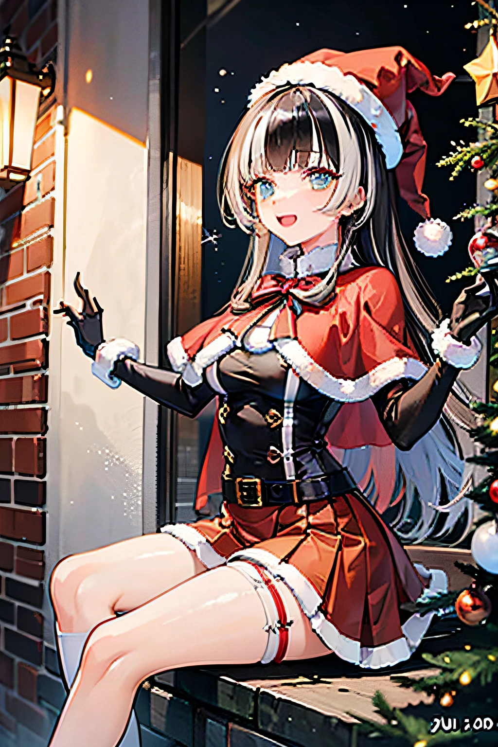 masutepiece, top-quality, hight resolution(masterpiece、side lights、Exquisite aesthetics:1.2)、masterpiece*portlate、Realism、Three-dimensional face、Jufu-tei_speculate, Black_hair (or brown), long_hair, Blue_Eyes, Multicolored_hair、A smile、Open your mouth、Full limbs、complete fingers、Slender beauty、knee high、a miniskirt、Cute Dresses、Christmas、hight resolution、foco nítido、Hair Ribbon、gloves、Christmas、red capelet、santa hat、Christmas Colors、doress