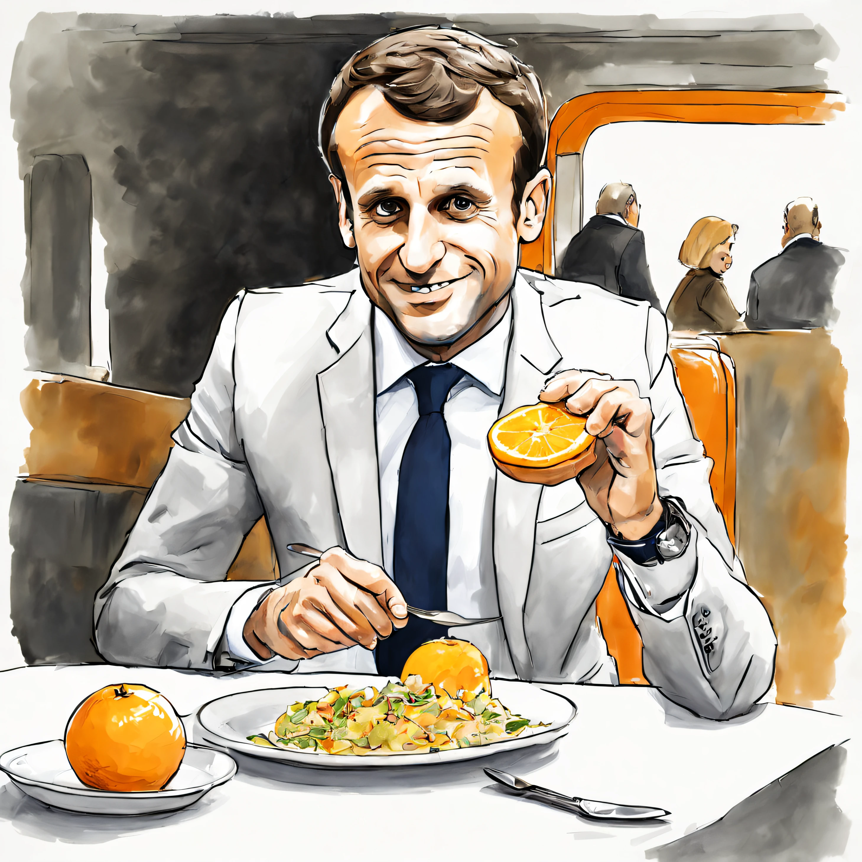 dessin de Emmanuel Macron qui est en train de manger une orange