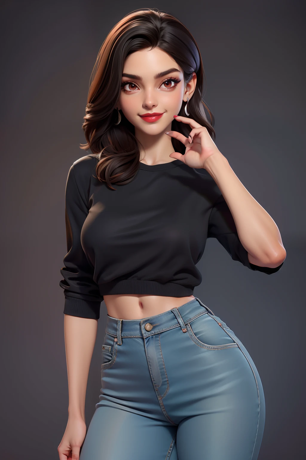 Uma mulher morena baixinha tenho 1,58 ao lado, Has short dark brown hair with shoulder has a light brown eye She's wearing a long black t-shirt, Preto rasgado Long Jeans Sneakers Cor preta, A beautiful smile, Tenho 22anos, Her name is Larissa, Ela tem uma tatuagem, Man, she is beautiful, sexy, hot, Usando um brinco de aro prateado, You're wearing makeup, You're wearing red lipstick