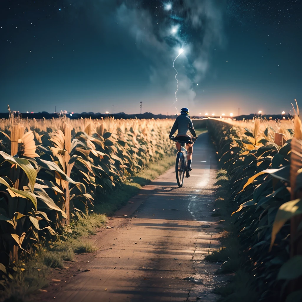 A {dark and mysterious} photo of a {person} {riding a bike} in the {middle of the night}, with a {single headlight} lighting the way. The {bike path} is lined with {corn fields} on both sides. The photo is taken from a {first-person point of view}, giving a sense of immersion. --auto --s2
