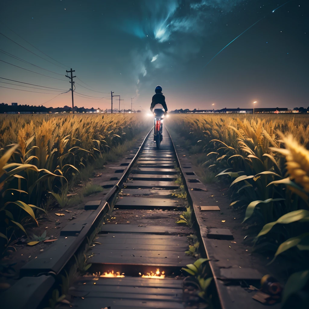 A {dark and mysterious} photo of a {person} {riding a bike} in the {middle of the night}, with a {single headlight} lighting the way. The {bike path} is lined with {corn fields} on both sides. The photo is taken from a {first-person point of view}, giving a sense of immersion. --auto --s2