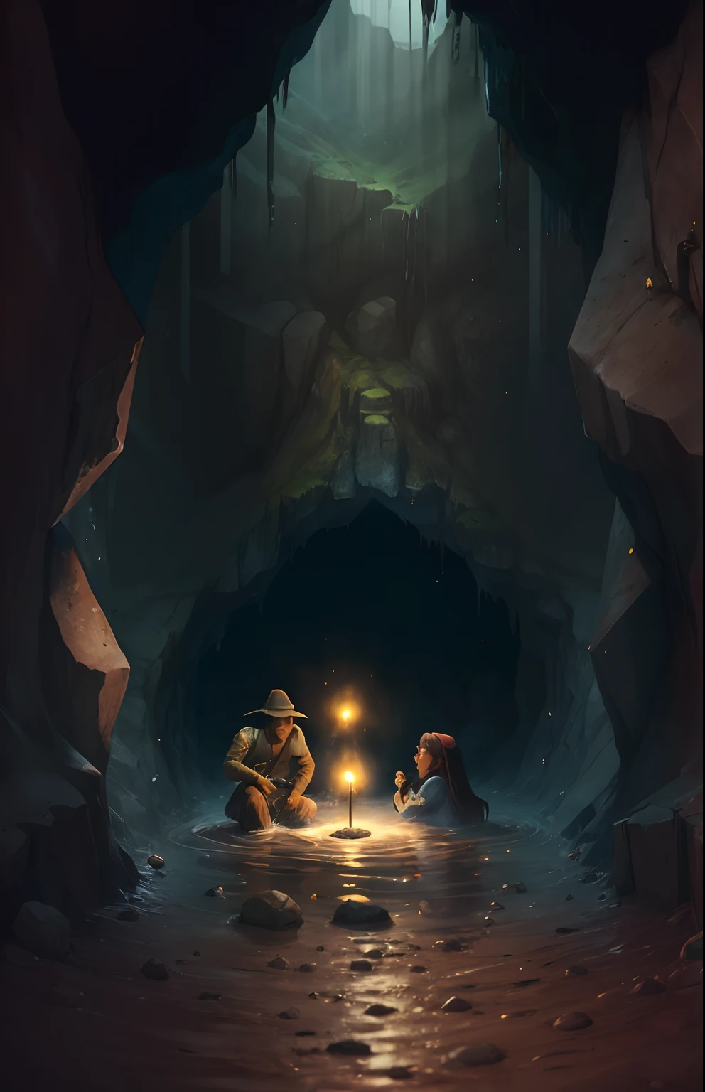Create an animated scene with a mist filled cave where an archeological couple trapped in a mud filled pit and sinking in the trap upto their neck for almost a week. --auto --s2