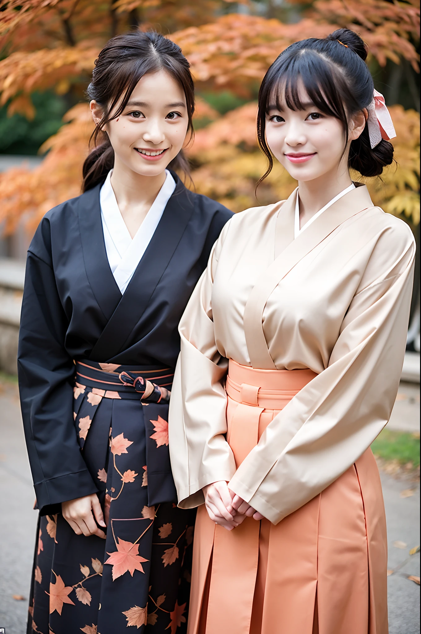 2 girls in old-Japan school yard with autumn leaves,very long sleeved floral hakama top and brown hakama bottom,white socks without shoes,hair red string bow,18-year-old,bangs,a little smiles,knees,from below