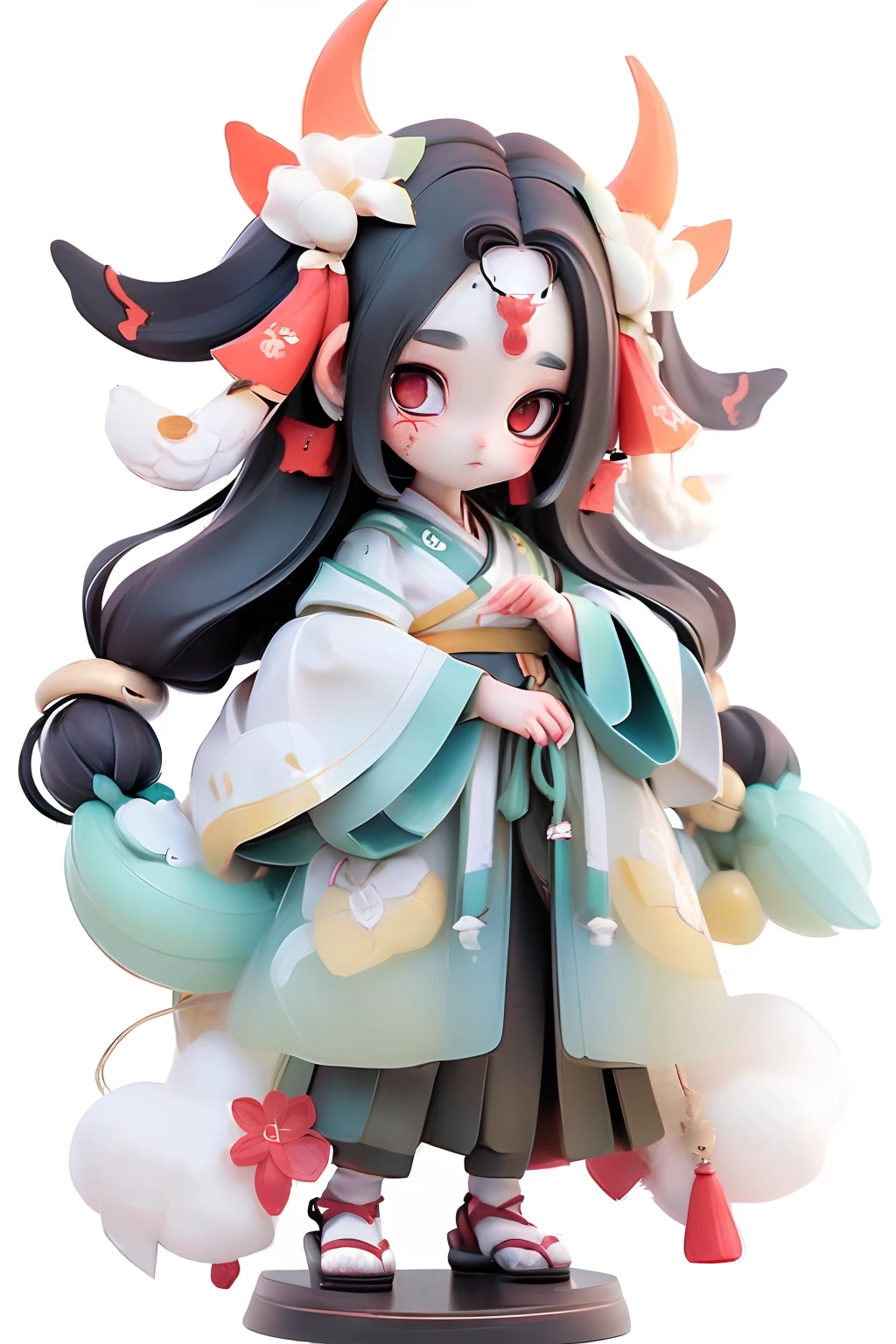 (Full body standing painting), 独奏, Game Icon Institute, Game icon, 1girll, Solo, Black hair, Long hair, Zephyr elements，Onmyoji detailed art, Traditional oriental art style, Beautiful painting style, paint brushes, multicolored hair, view the viewer, two tone color hair, Black eyes, White background, White hair,full bodyesbian, tchibi, Whole body --niji 5