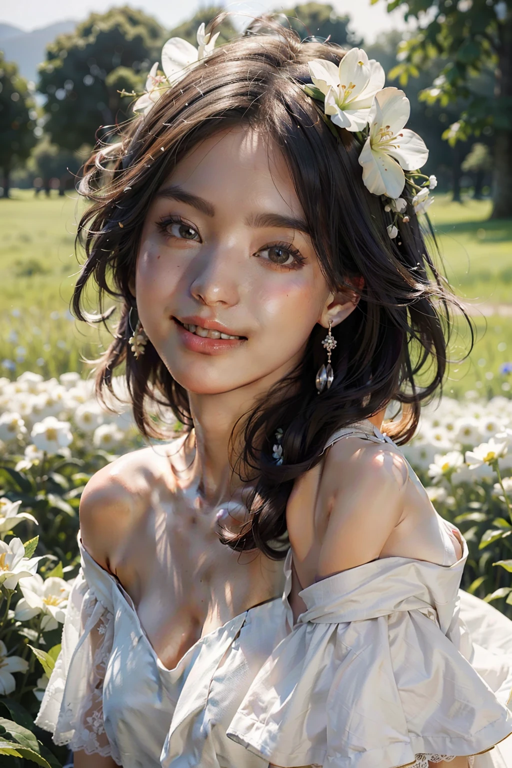 Best quality, masterpiece, ultra high res, (photorealistic:1.4), raw photo, 1girl, white dress, off shoulder, blossom flower field, glowing skin, light smile