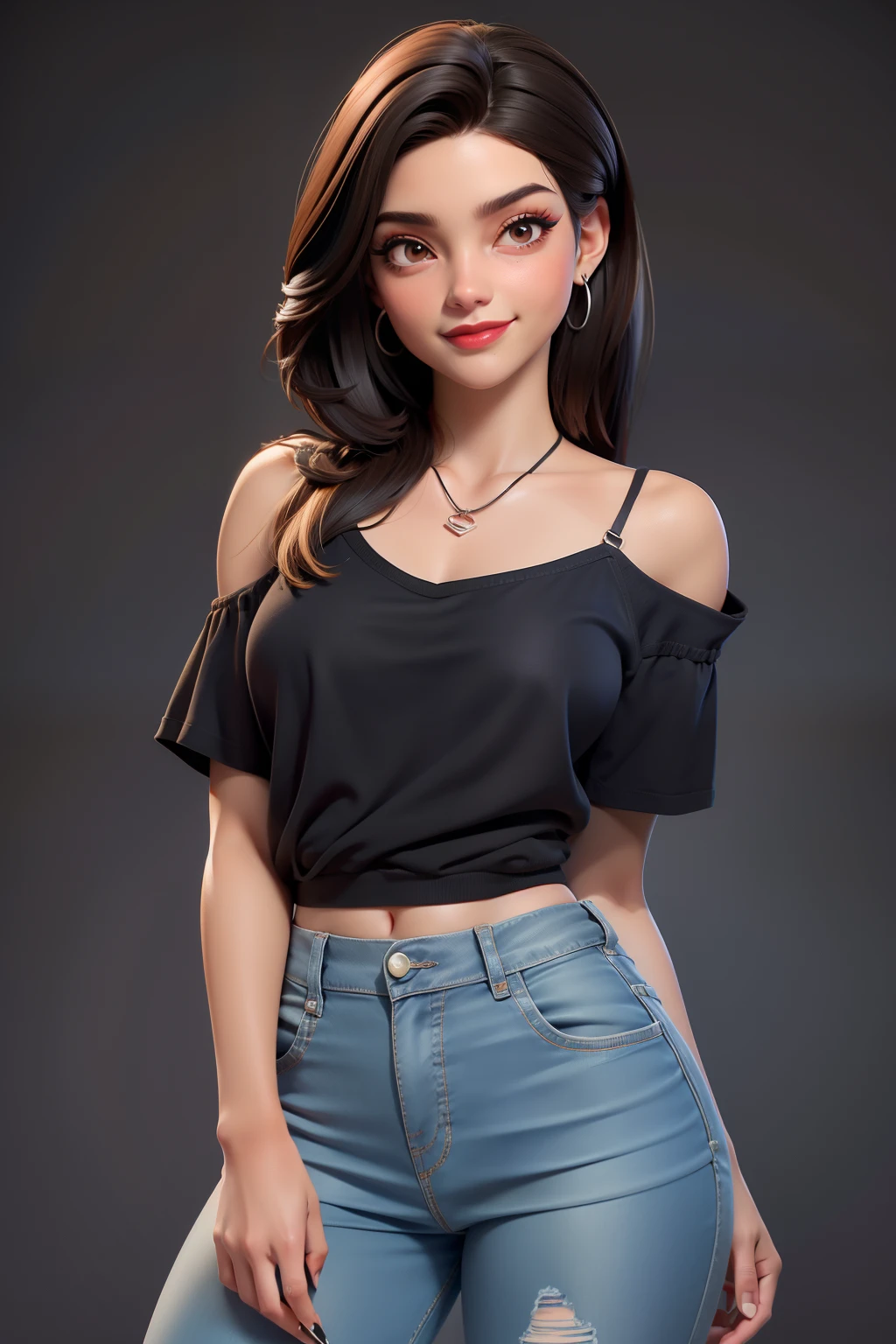 Uma mulher morena baixinha tenho 1,58 ao lado, Has short dark brown hair with shoulder has a light brown eye She's wearing a long black t-shirt, Preto rasgado Long Jeans Sneakers Cor preta, A beautiful smile, Tenho 22anos, Her name is Larissa, Ela tem uma tatuagem, Man, she is beautiful, sexy, hot, Usando um brinco de aro prateado, You're wearing makeup, You're wearing red lipstick, kinda chubby, got a lot of chest